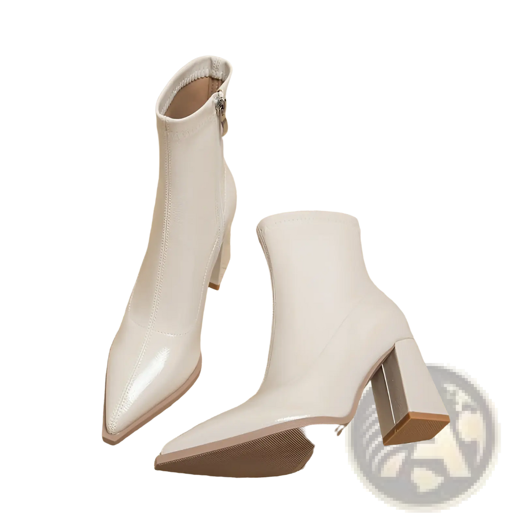 White patent leather ankle boots with pointed toe and block heel for stylish and elegant wear