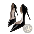 Black patent leather pointed toe stiletto high heels with thin heels designed for elegant formal wear