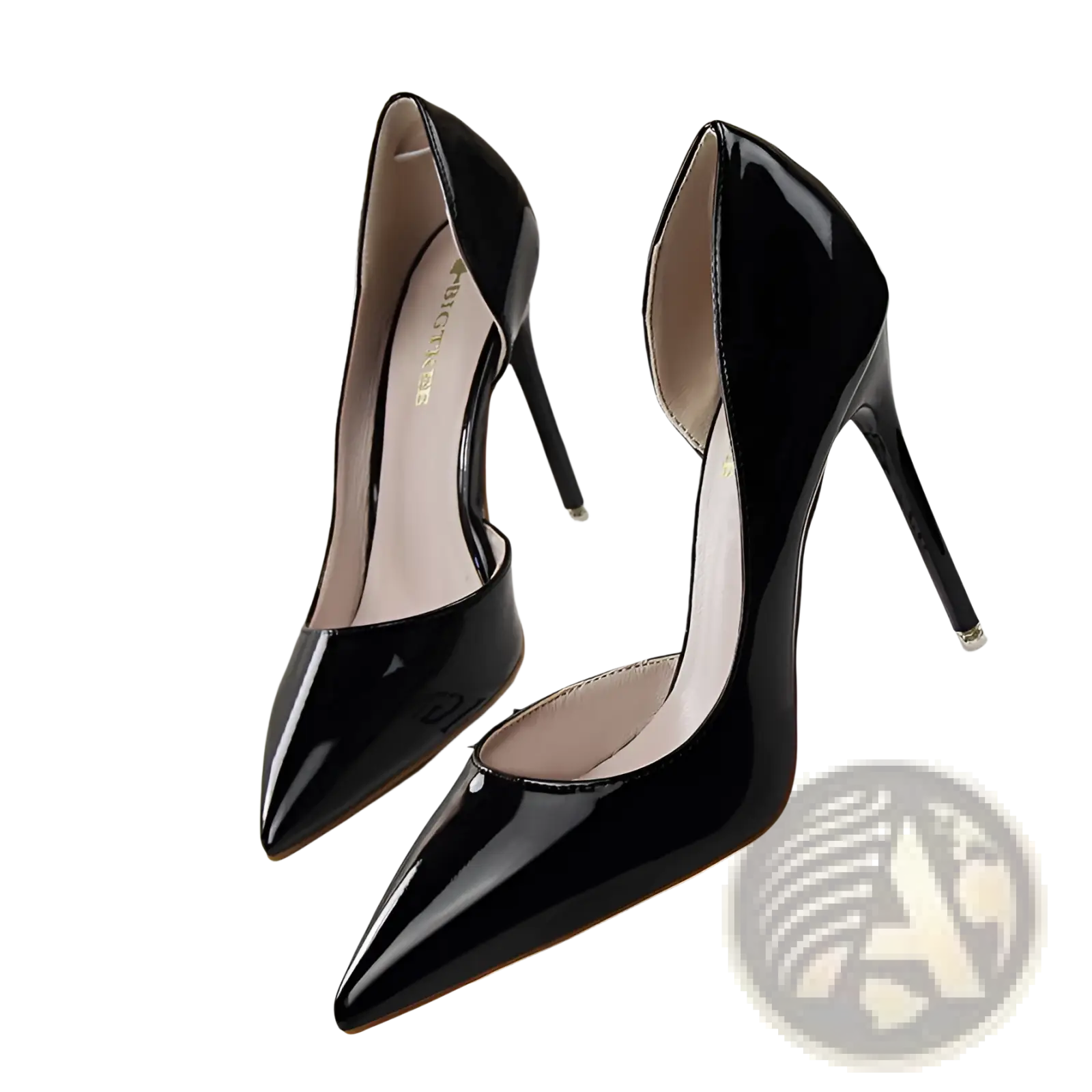 Black patent leather pointed toe stiletto high heels with thin heels designed for elegant formal wear