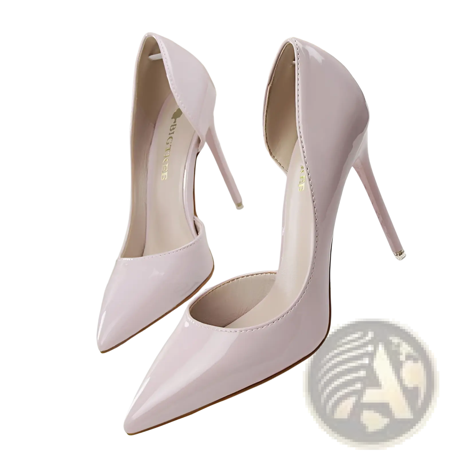 A pair of glossy lavender patent leather pointed toe stiletto high heel pumps displayed from the front