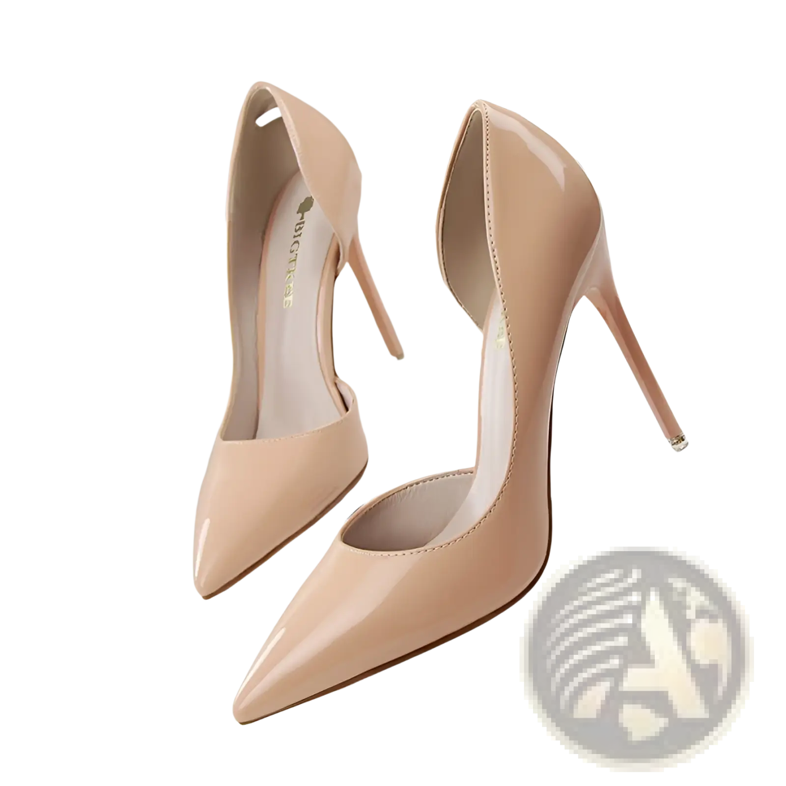 Nude patent leather high-heeled pumps with a sleek pointed toe and thin stiletto heel for elegant wear