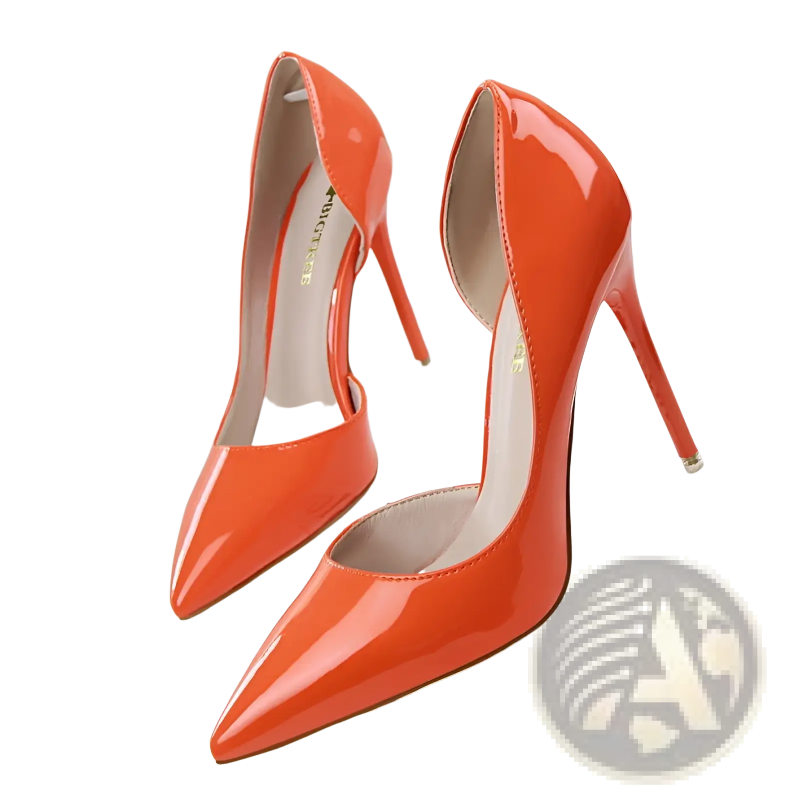 Vibrant orange patent leather pointed toe stiletto high heels with a sleek design and thin heel for elegant wear