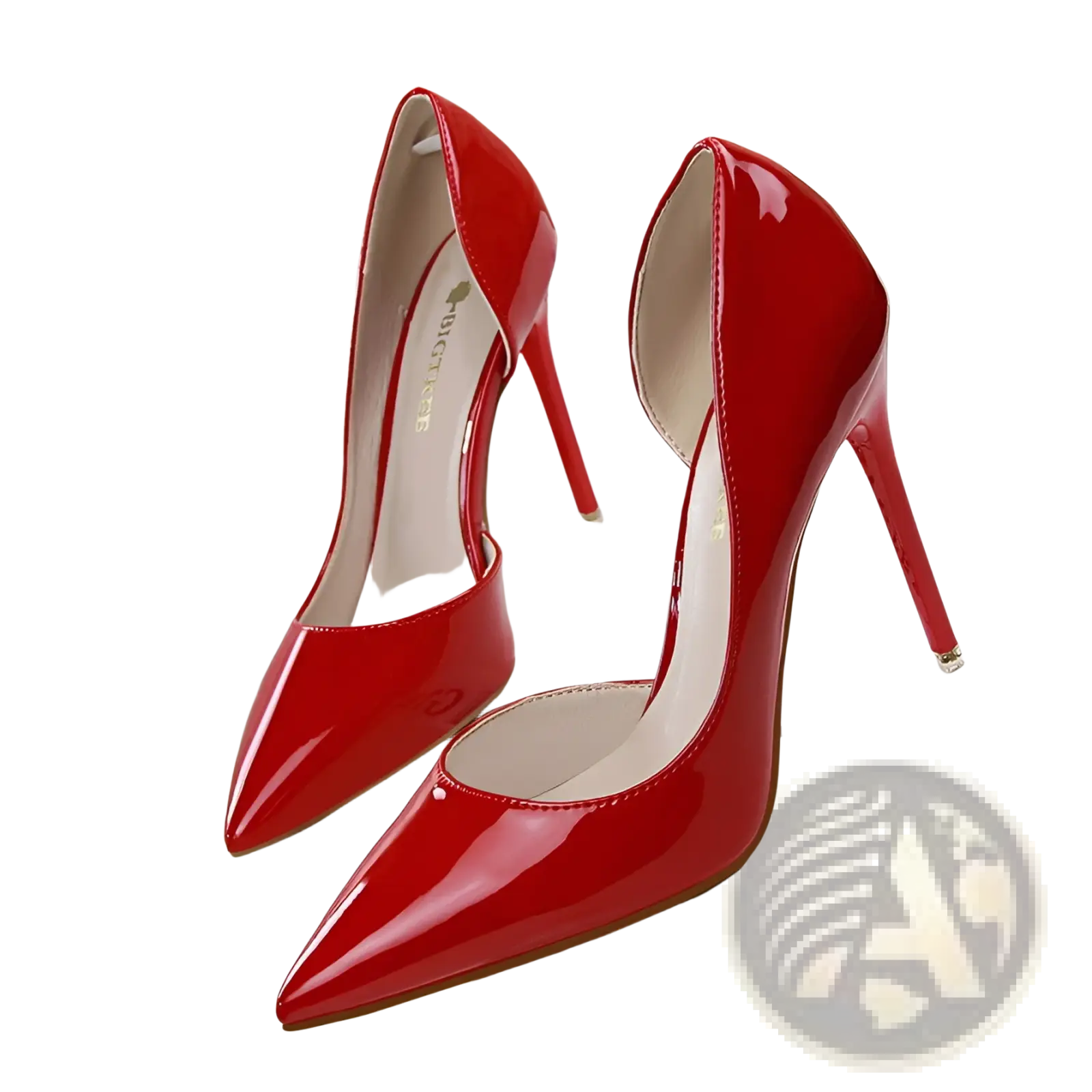 Vibrant red patent leather pointed toe stiletto high heels with a sleek thin heel for elegant wear
