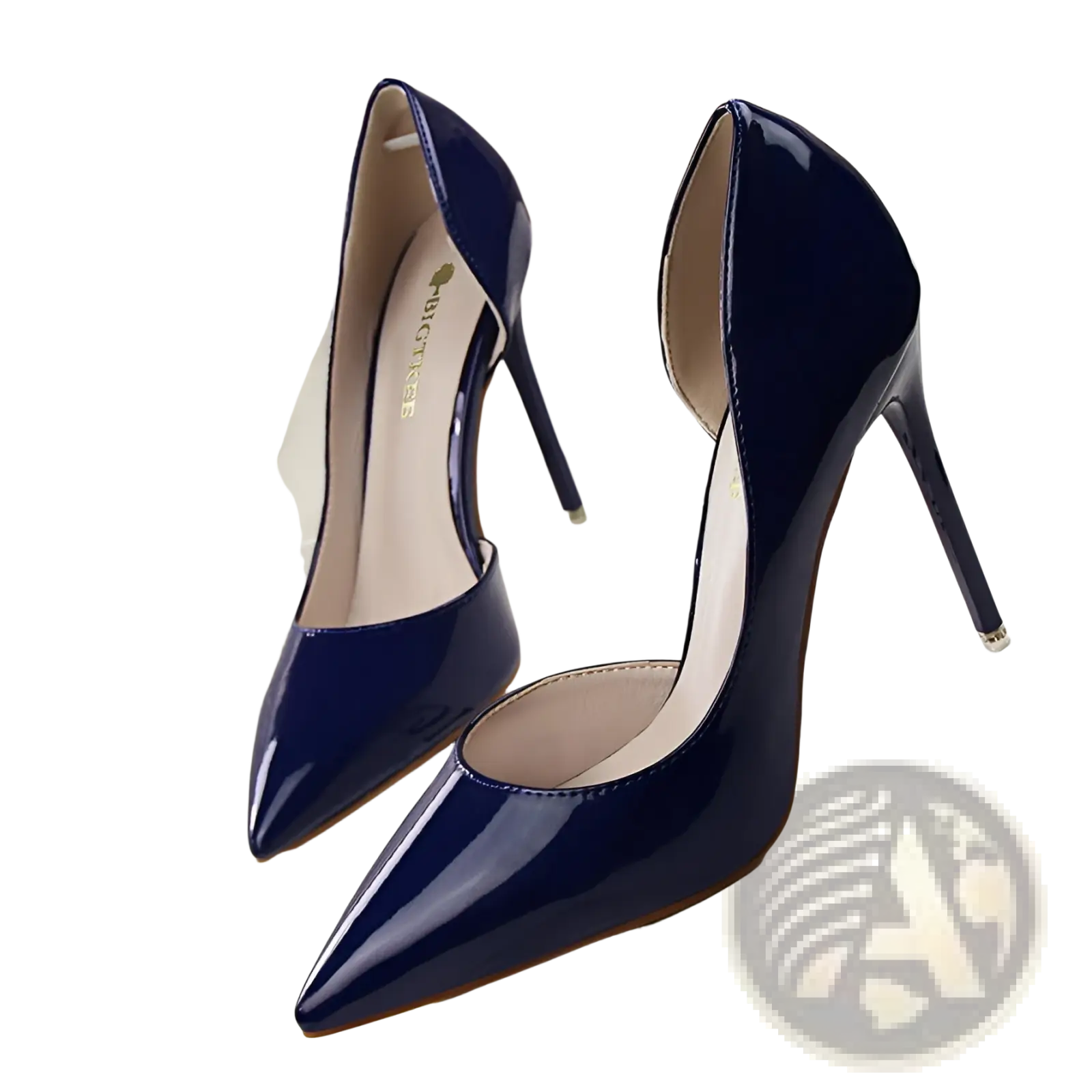 Deep blue patent leather pointed toe stiletto high heels with sleek design and thin high heel for elegant wear