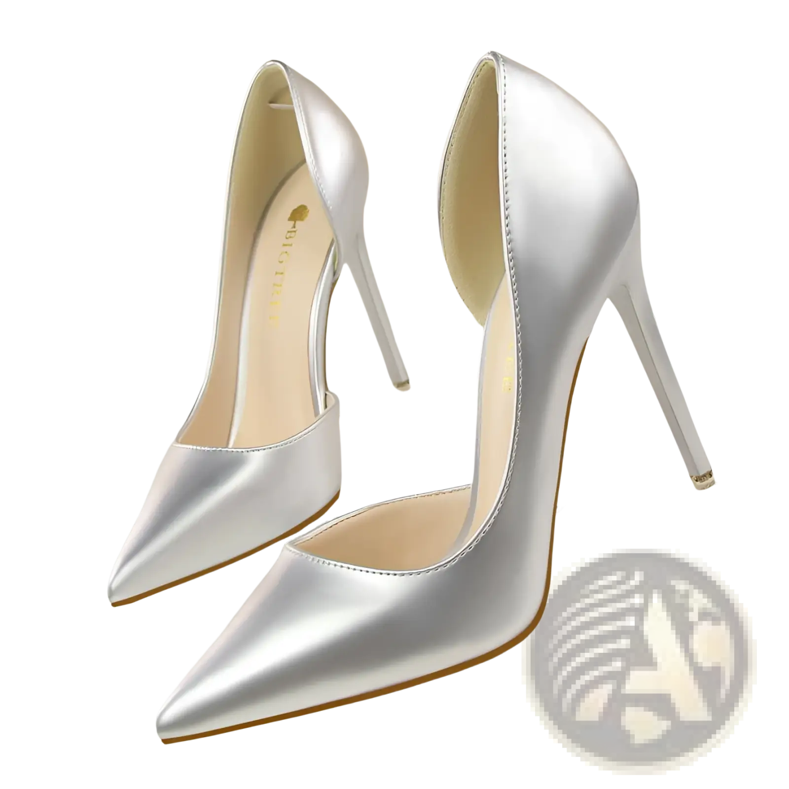 Silver satin pointed toe patent leather stiletto high heel pumps with thin stiletto heel for elegant wear