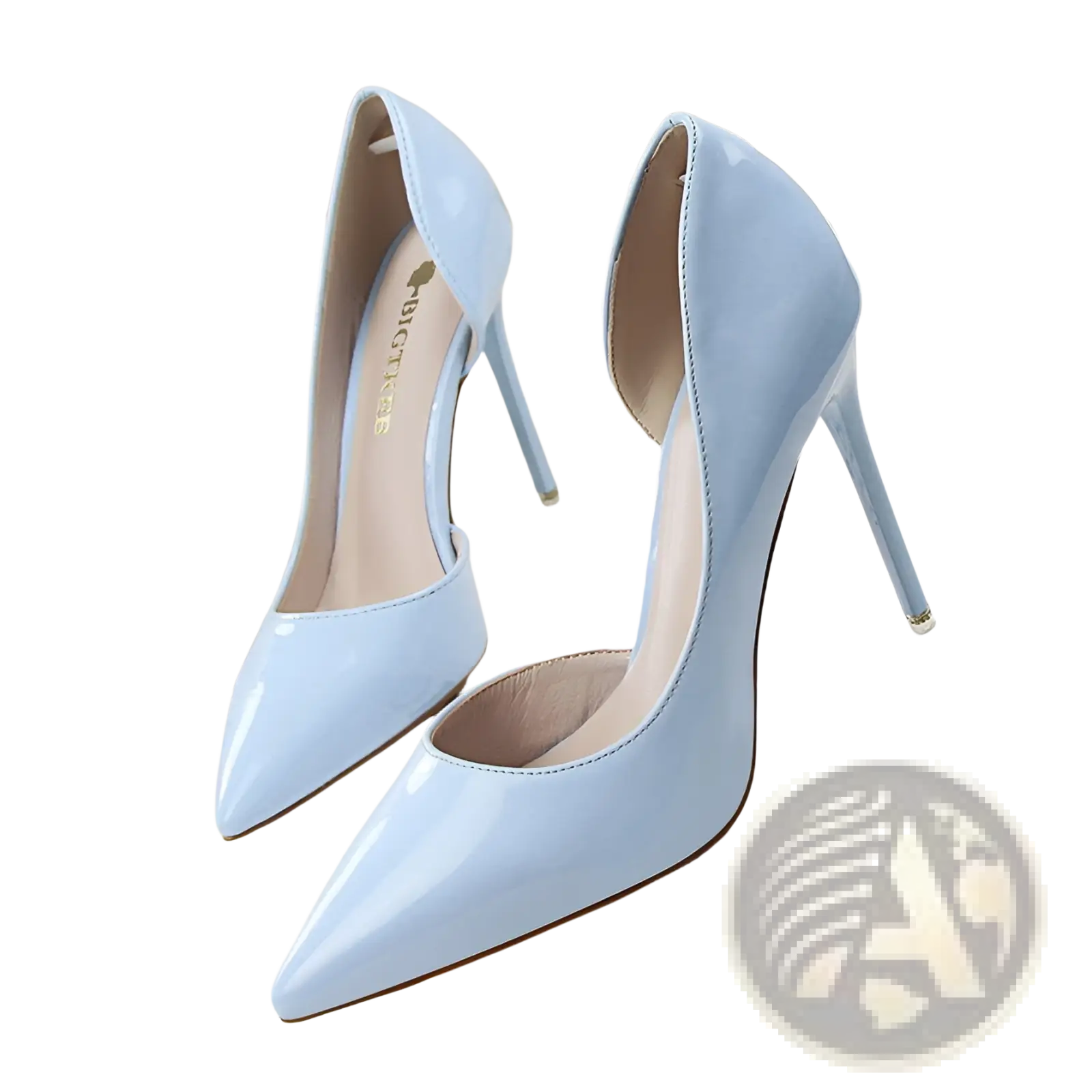 Light blue patent leather pointed toe stiletto high heels with a sleek design and thin heel