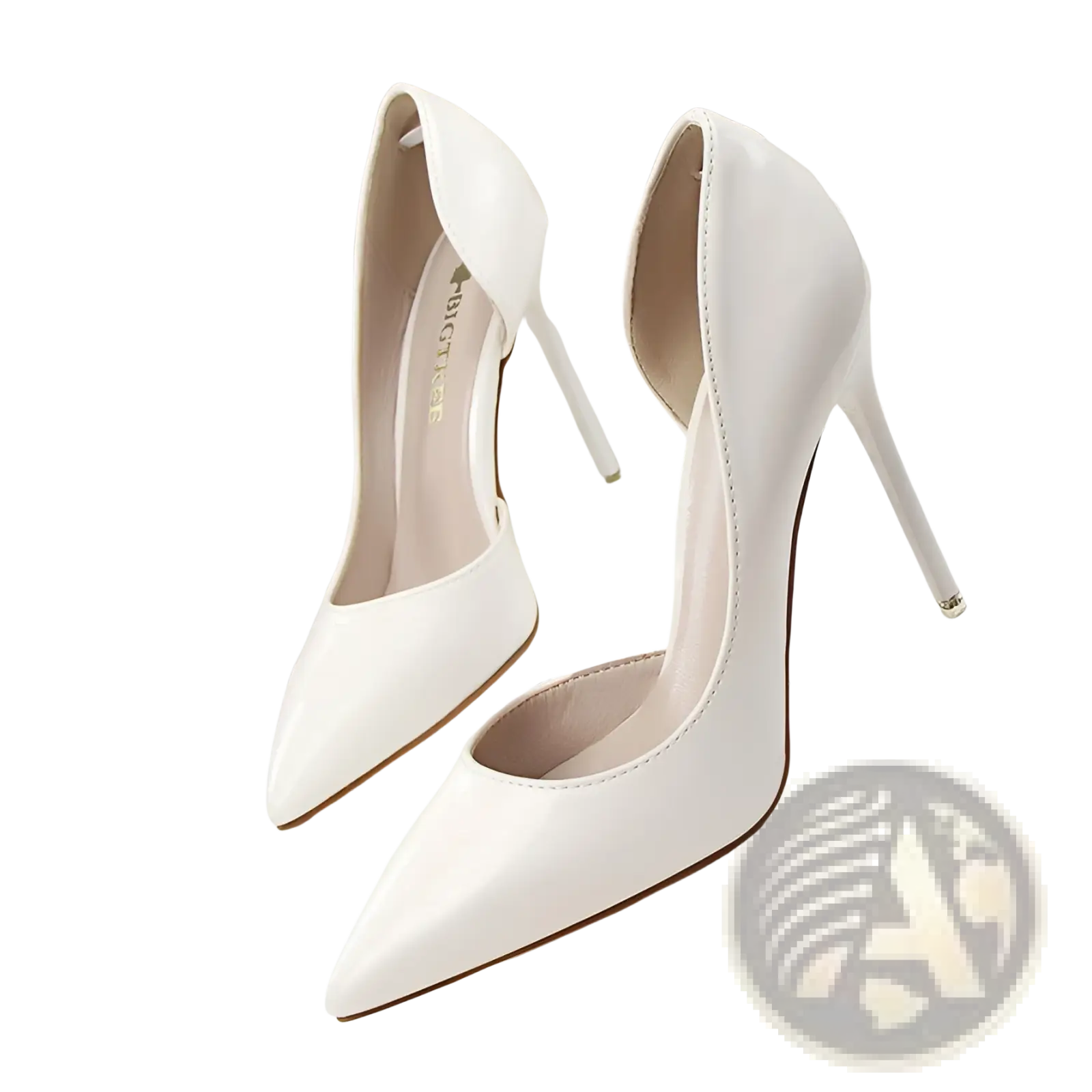 White patent leather high-heeled pumps with a pointed toe and thin stiletto heel for elegant occasions