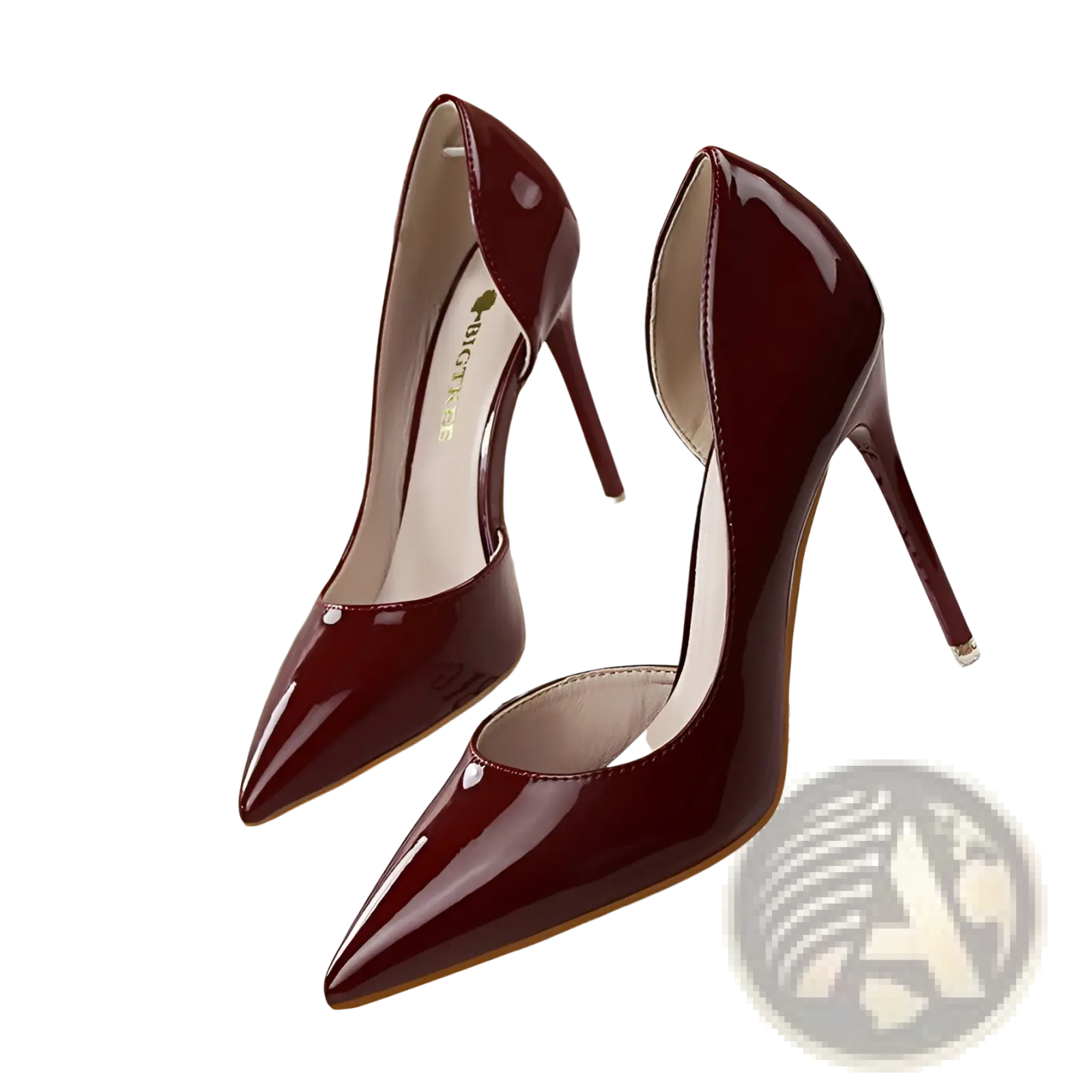 Burgundy patent leather pointed toe stiletto high heels with open back design displayed from the back side