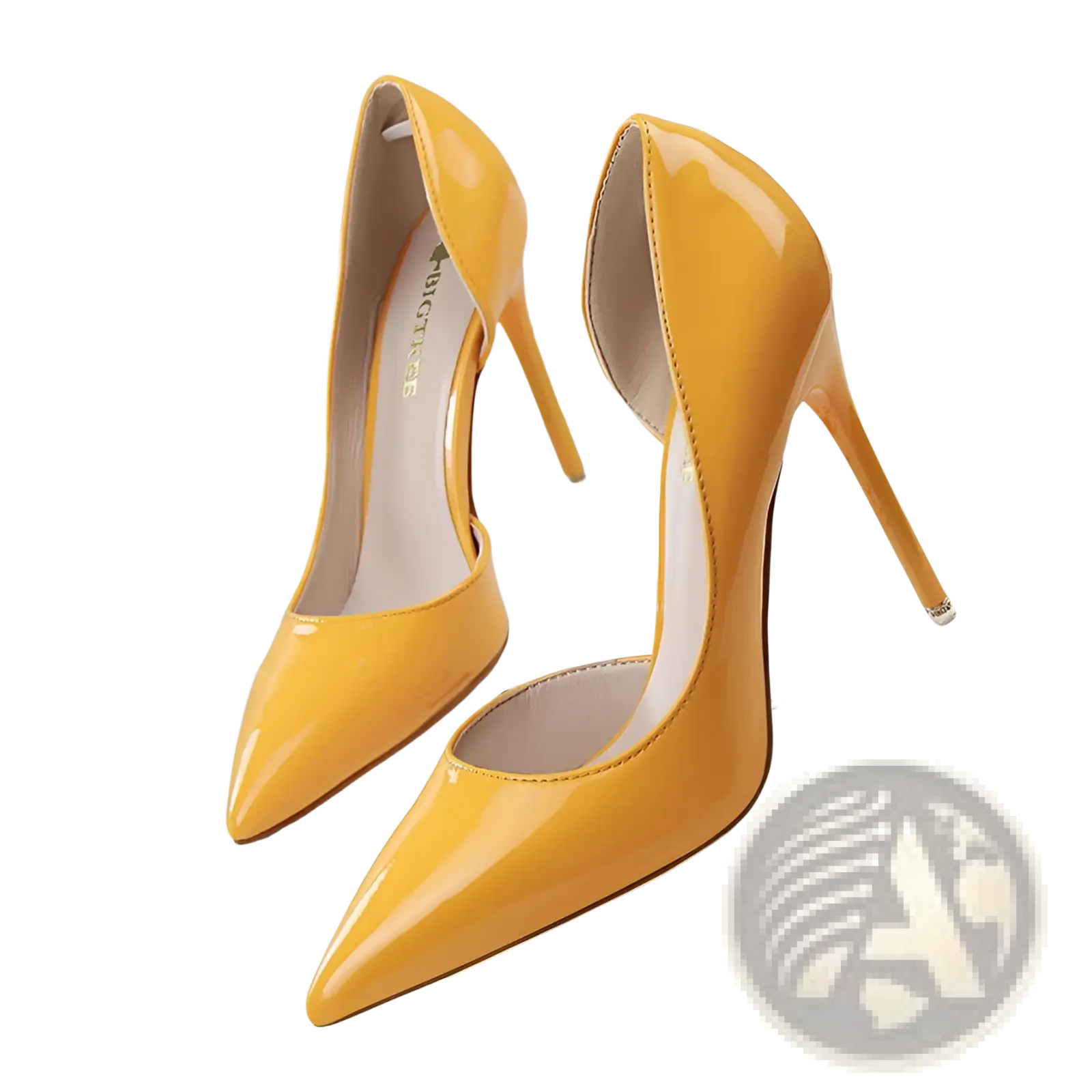 Vibrant yellow patent leather pointed toe stiletto high heels with sleek thin heel for elegant wear