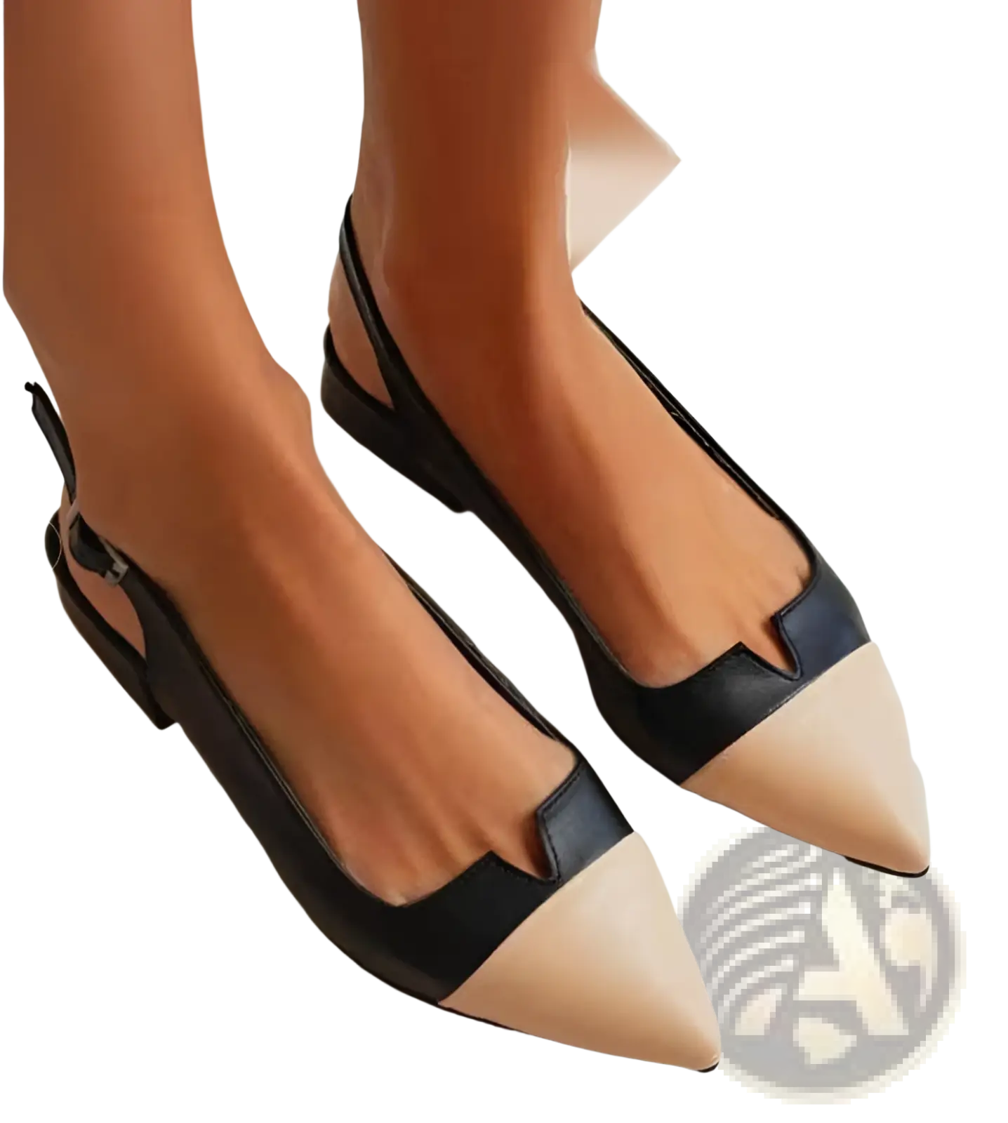 Black and beige two-tone leather pointed toe slingback flats showcasing a sleek and elegant design