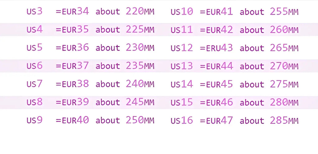 A chart displaying shoe sizes in US EUR and millimeters for pointed toe slingback flats two tone leather shoes