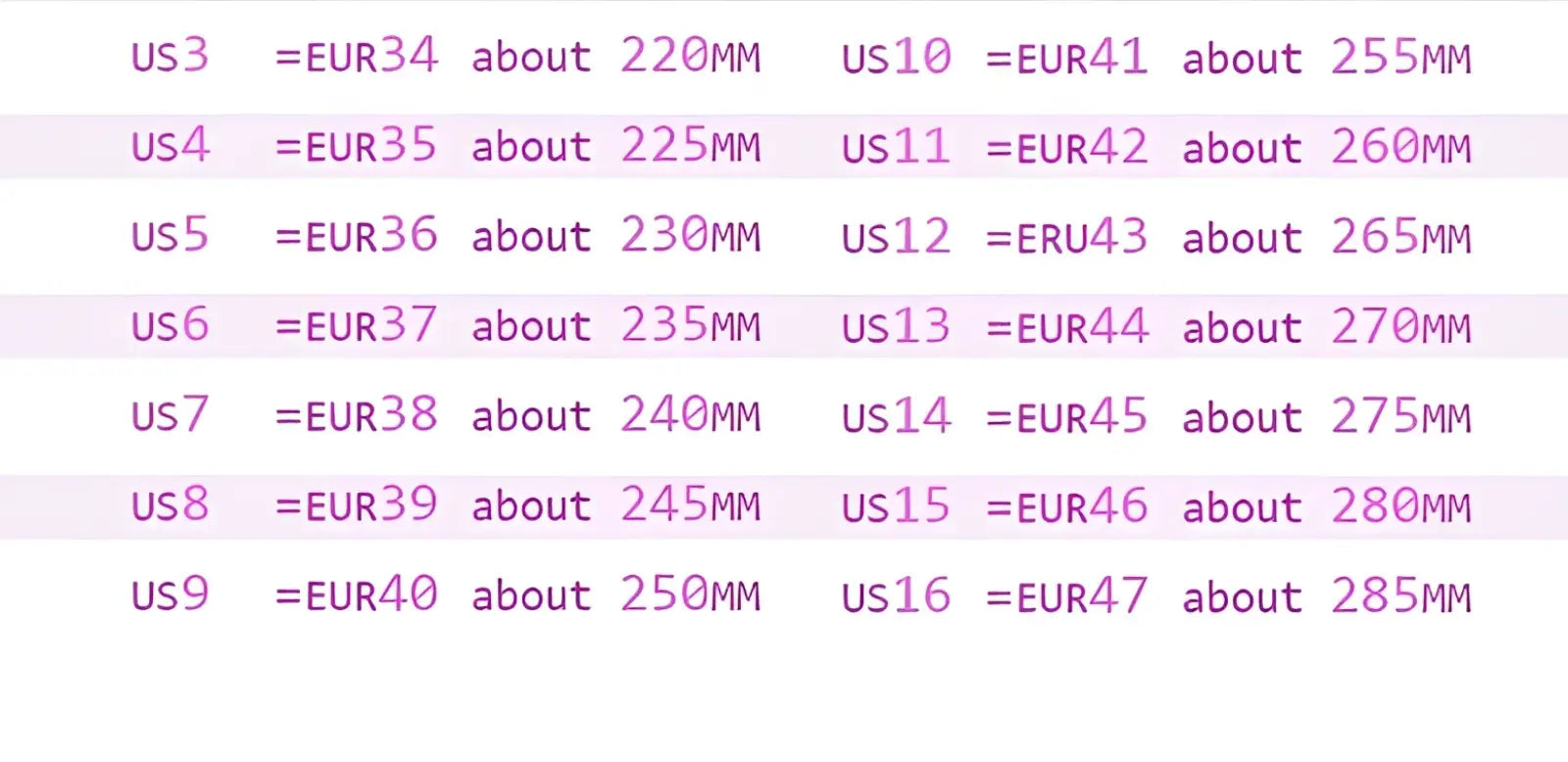 A chart displaying shoe sizes in US EUR and millimeters for pointed toe slingback flats two tone leather shoes