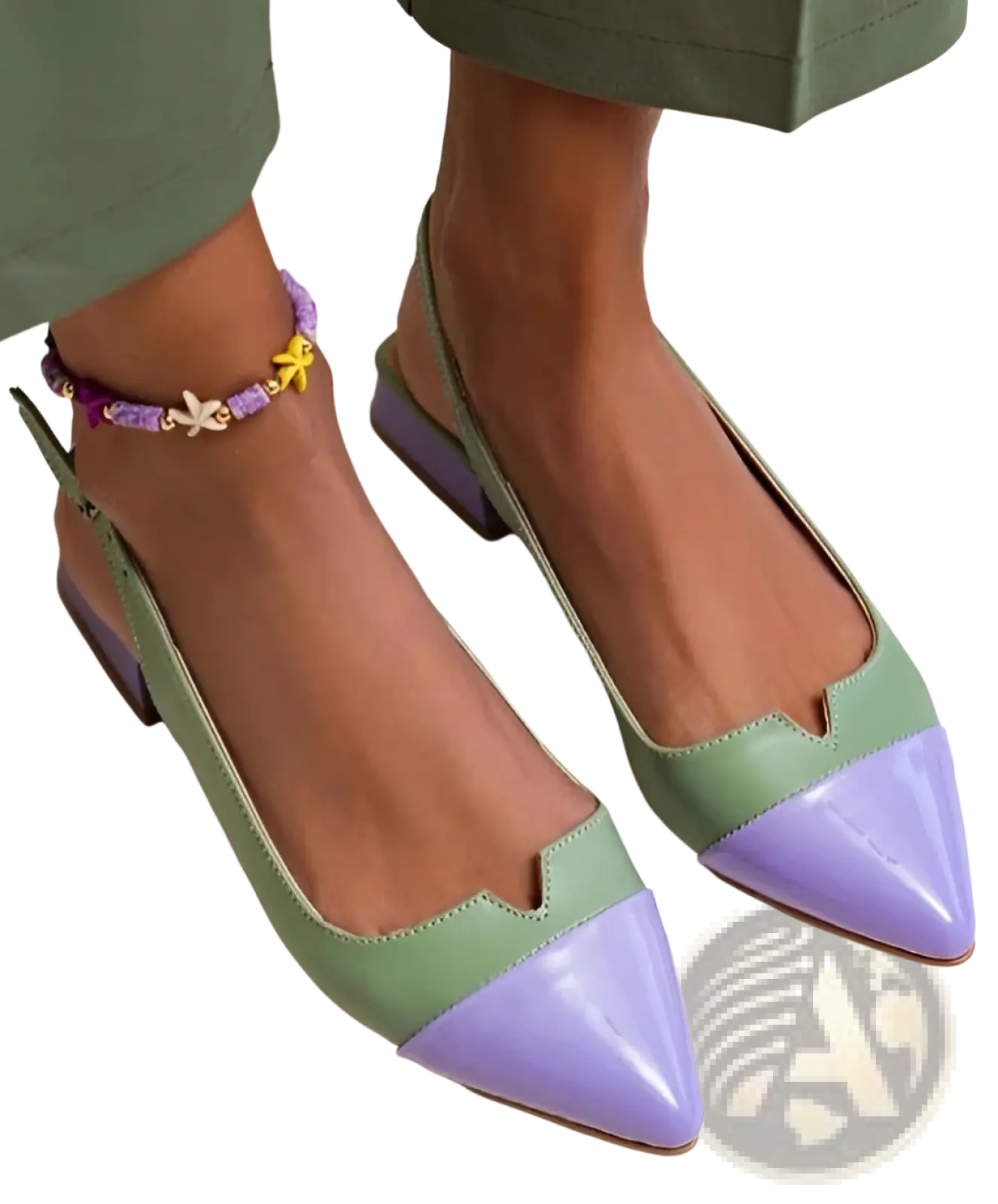 Pastel green and lavender two tone leather pointed toe slingback flats with low heel for elegant wear