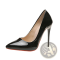 Black patent leather pointed toe stiletto pump with a red sole for elegant formal wear