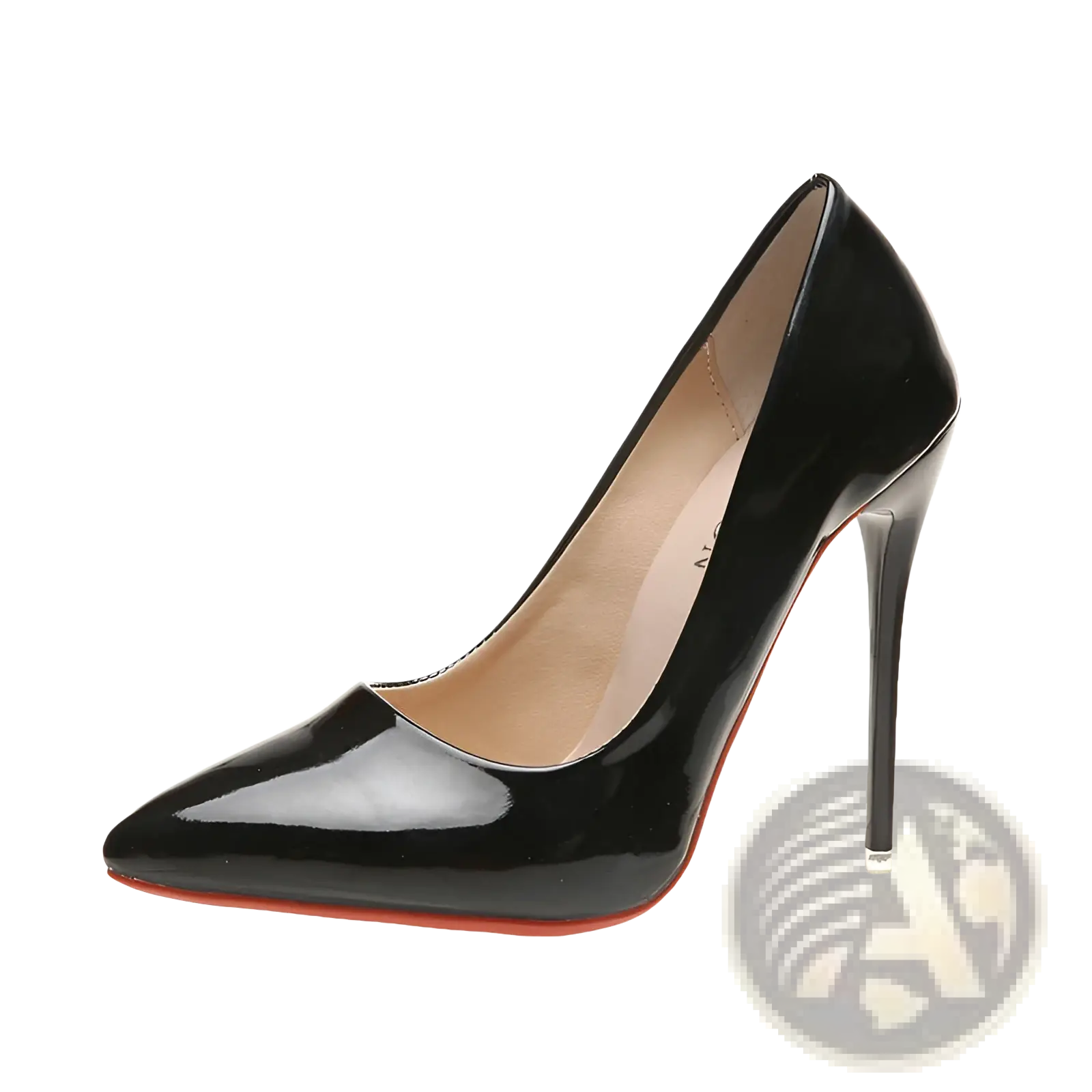 Black patent leather pointed toe stiletto pump with a red sole for elegant formal wear