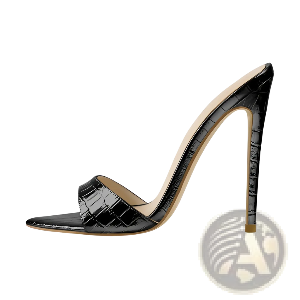 Black crocodile-embossed pointed toe stiletto mule sandal with sleek glossy finish and high heel