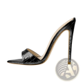 Black crocodile-embossed pointed toe stiletto mule sandal with sleek glossy finish and high heel