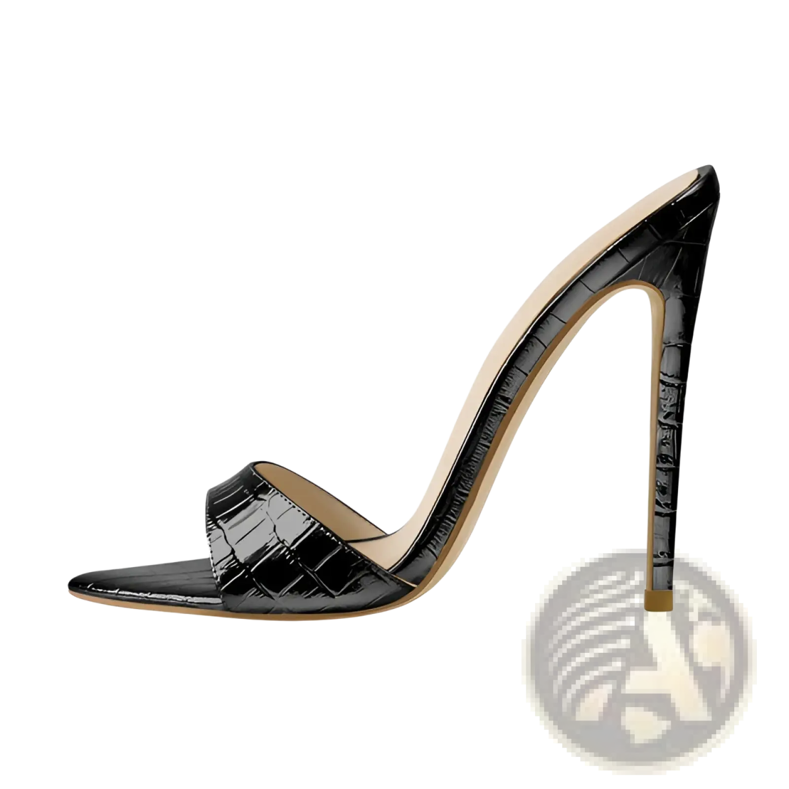 Black crocodile-embossed pointed toe stiletto mule sandal with sleek glossy finish and high heel