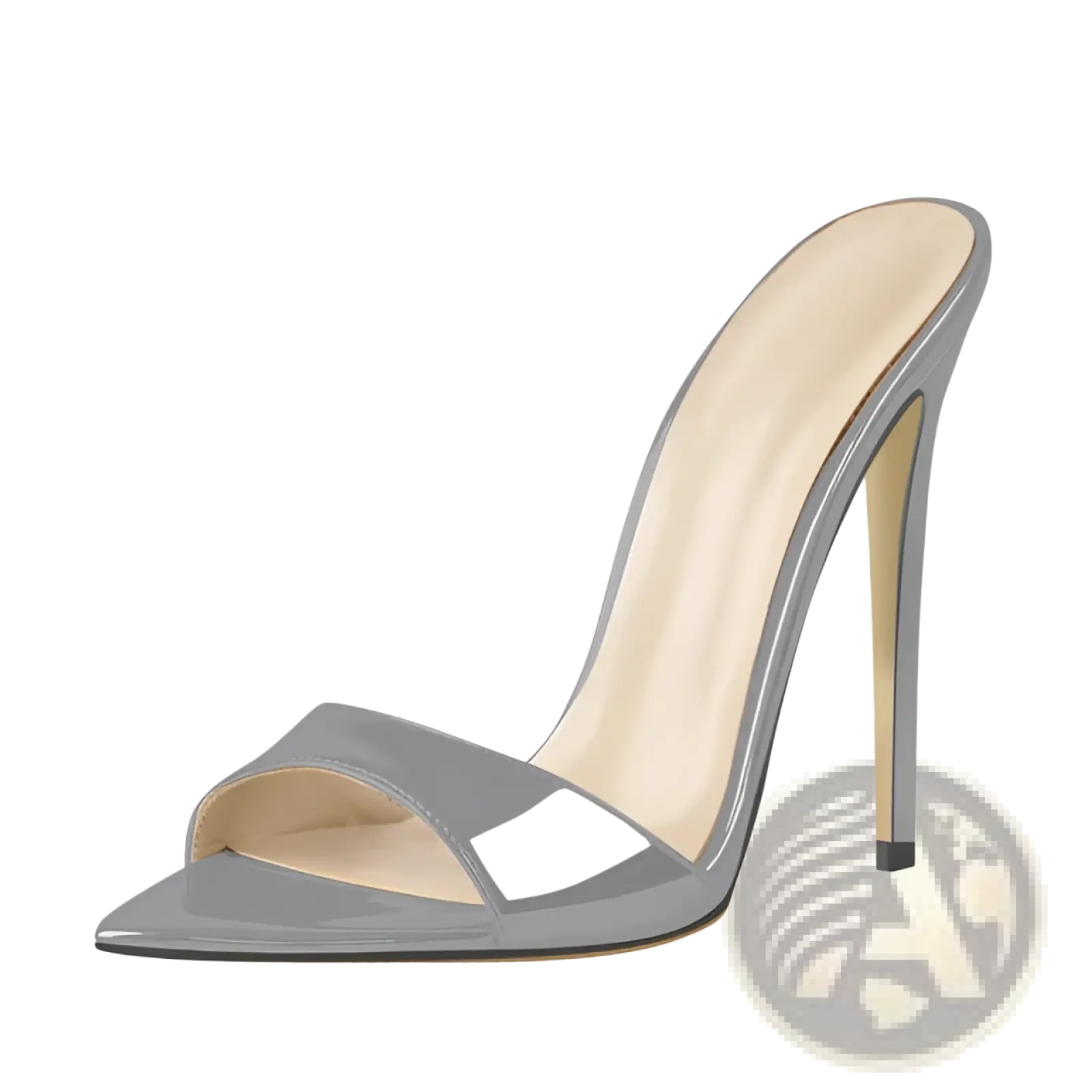 Gray patent leather pointed toe stiletto mule sandals with high heel and transparent strap detail in crocodile pattern