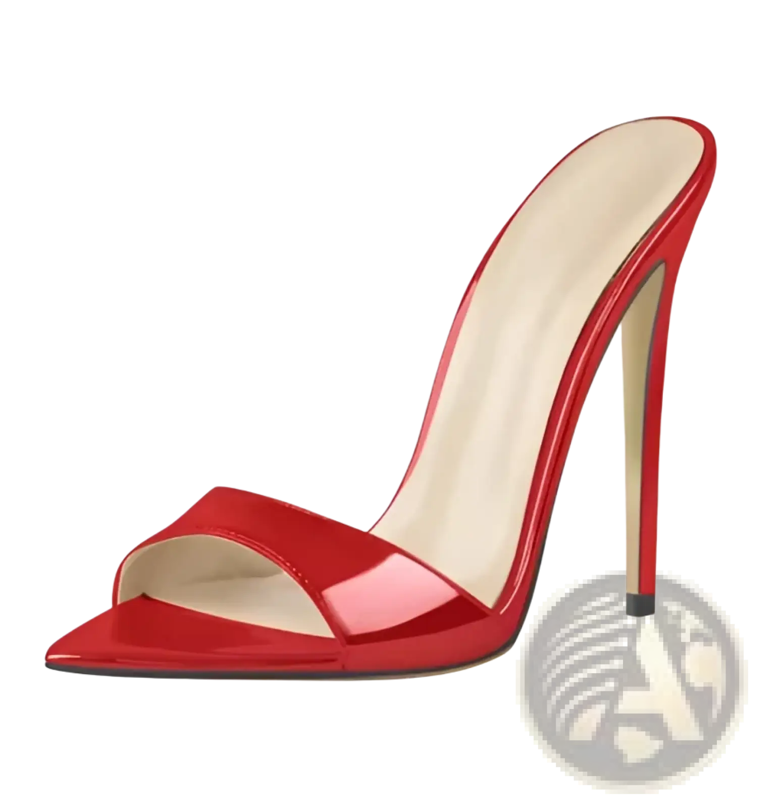 Red patent leather pointed toe stiletto mule sandals with crocodile pattern and open toe design