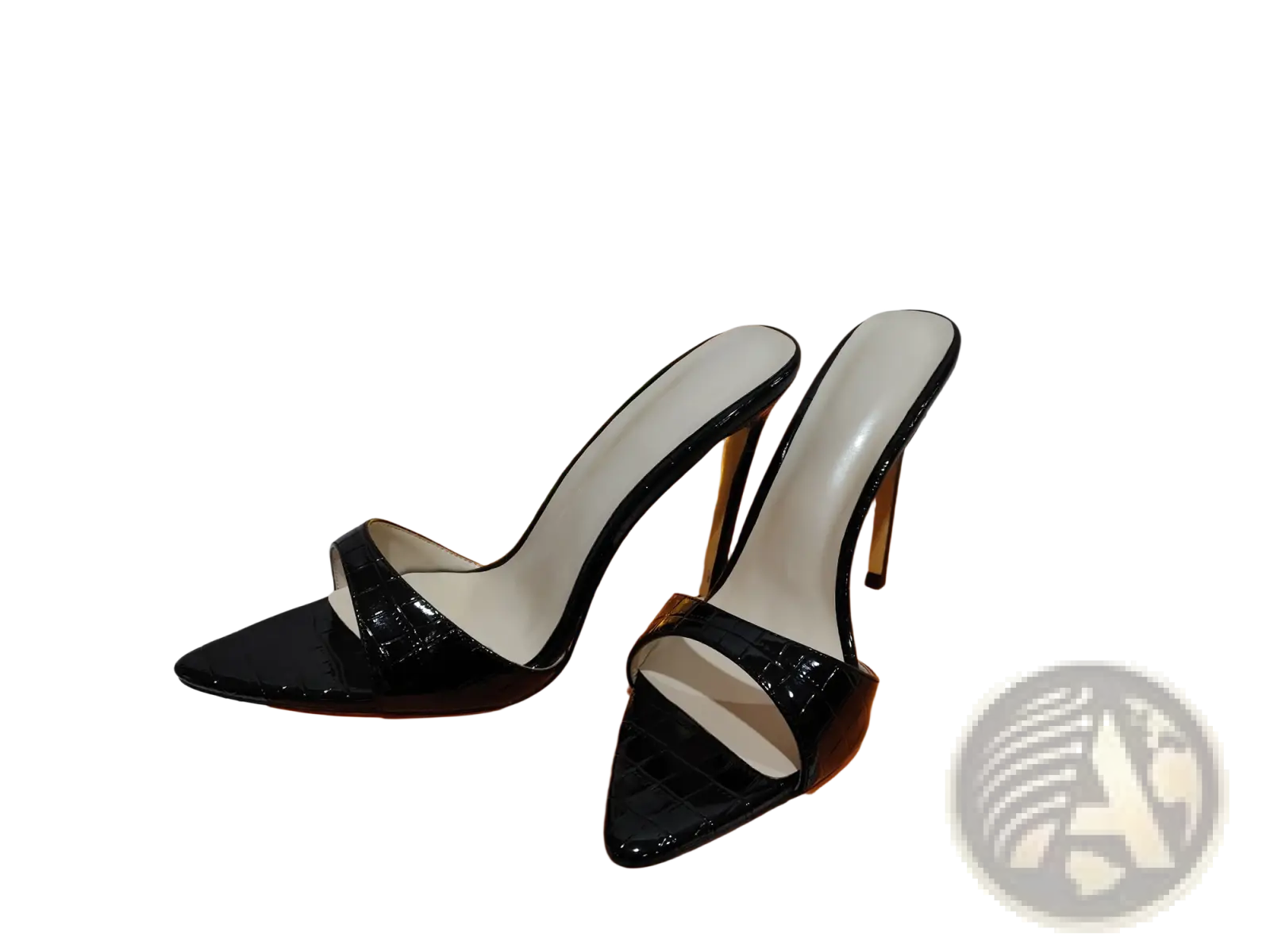 Black patent leather pointed toe stiletto mules with crocodile pattern, open back, and high glossy heel