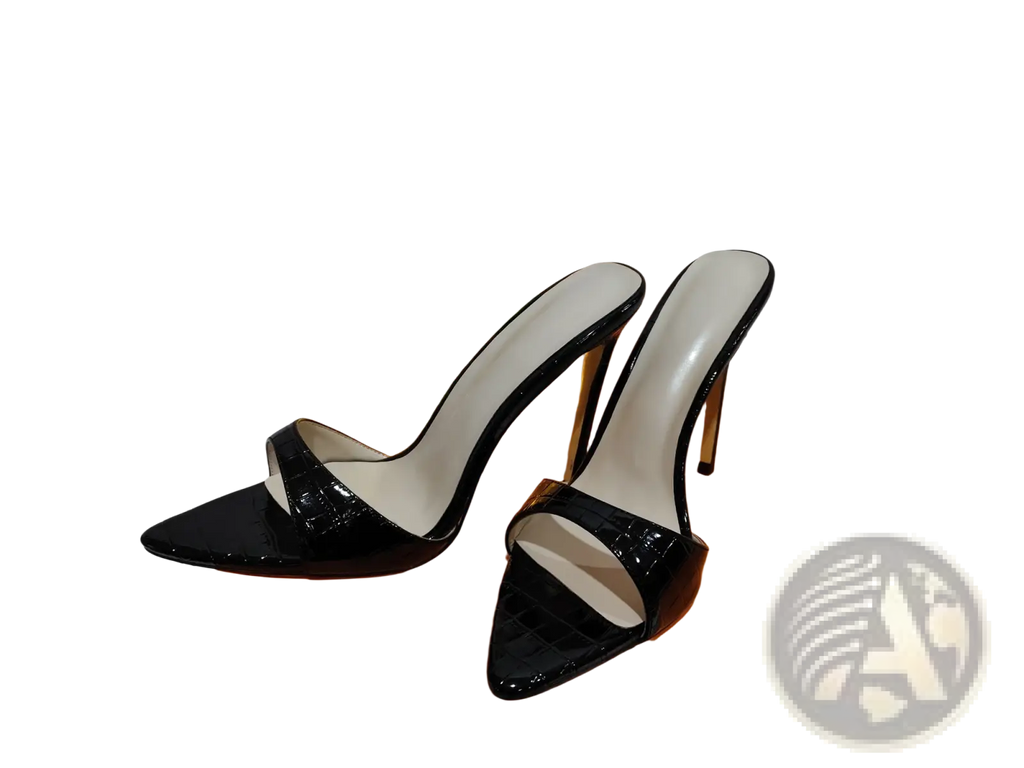 Black patent leather pointed toe stiletto mules with crocodile pattern, open back, and high glossy heel