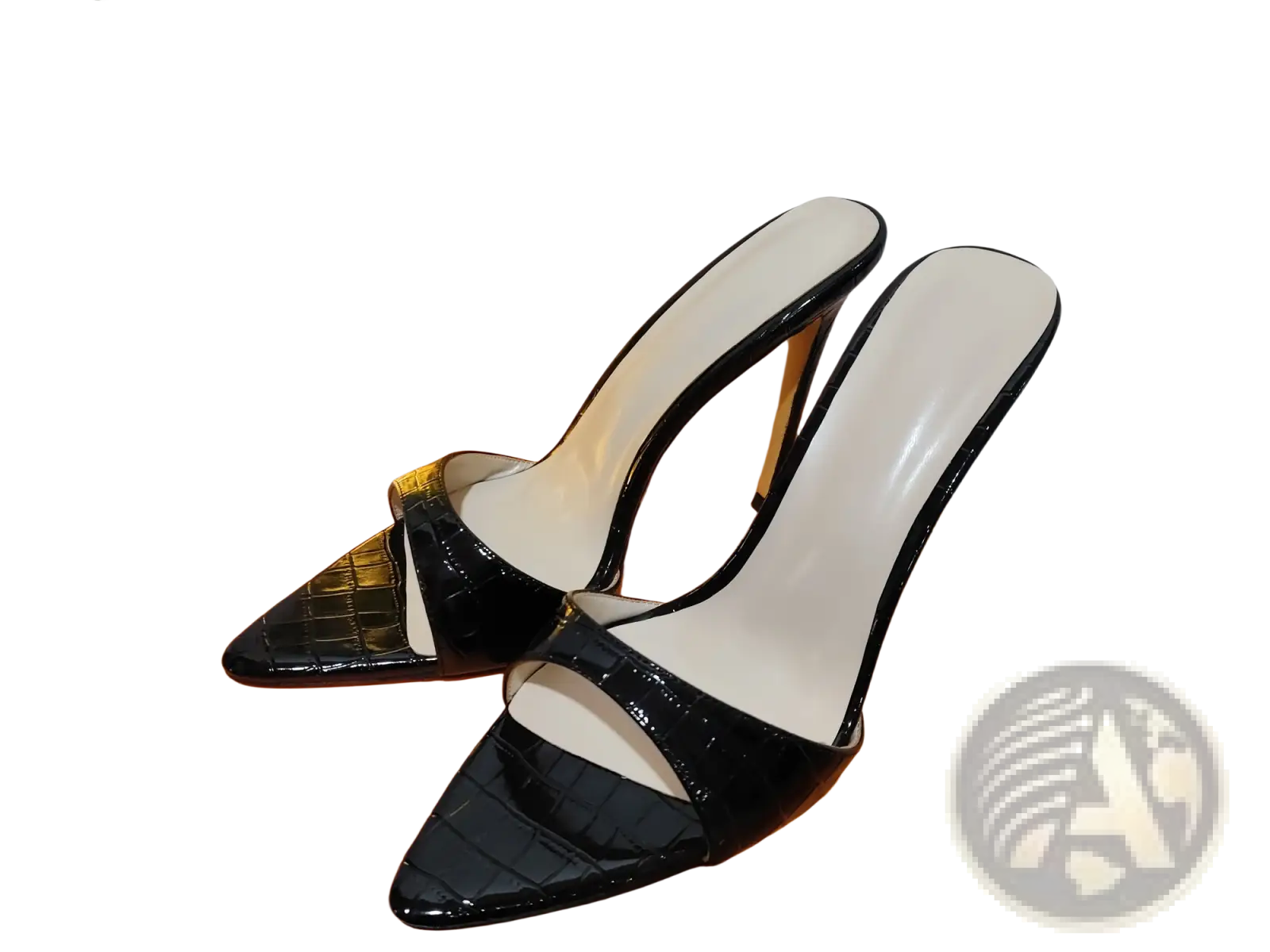 Pointed toe stiletto mule heels in black croc-embossed patent leather with a glossy finish and white insole