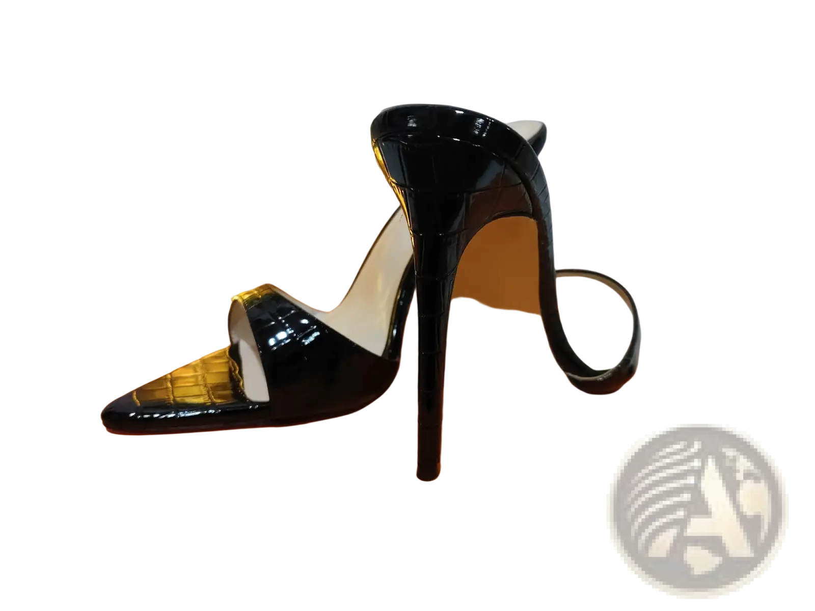 Black patent leather high-heeled mule with crocodile-embossed pointed toe and slender stiletto heel