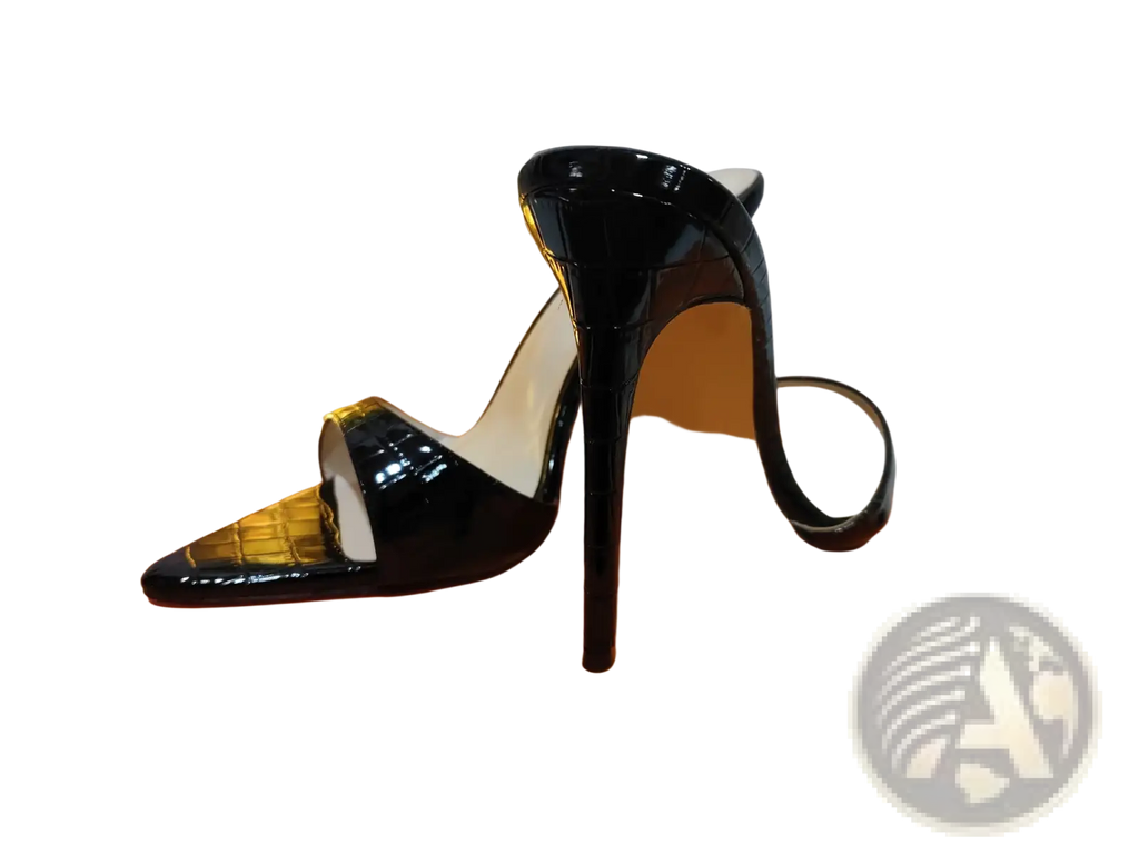 Black patent leather high-heeled mule with crocodile-embossed pointed toe and slender stiletto heel