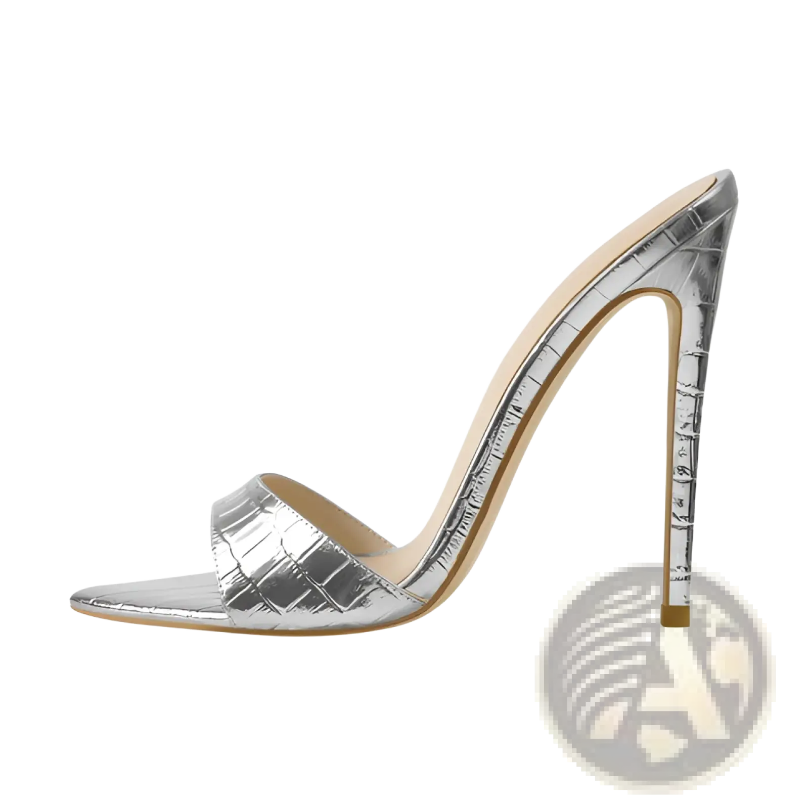 Silver crocodile-patterned pointed toe stiletto mule sandal with a sleek metallic finish for formal wear