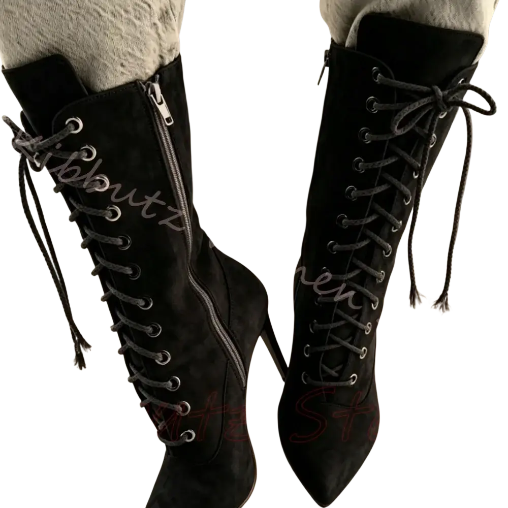 Black suede lace-up knee-high boots with pointed toe and high stiletto heel for women