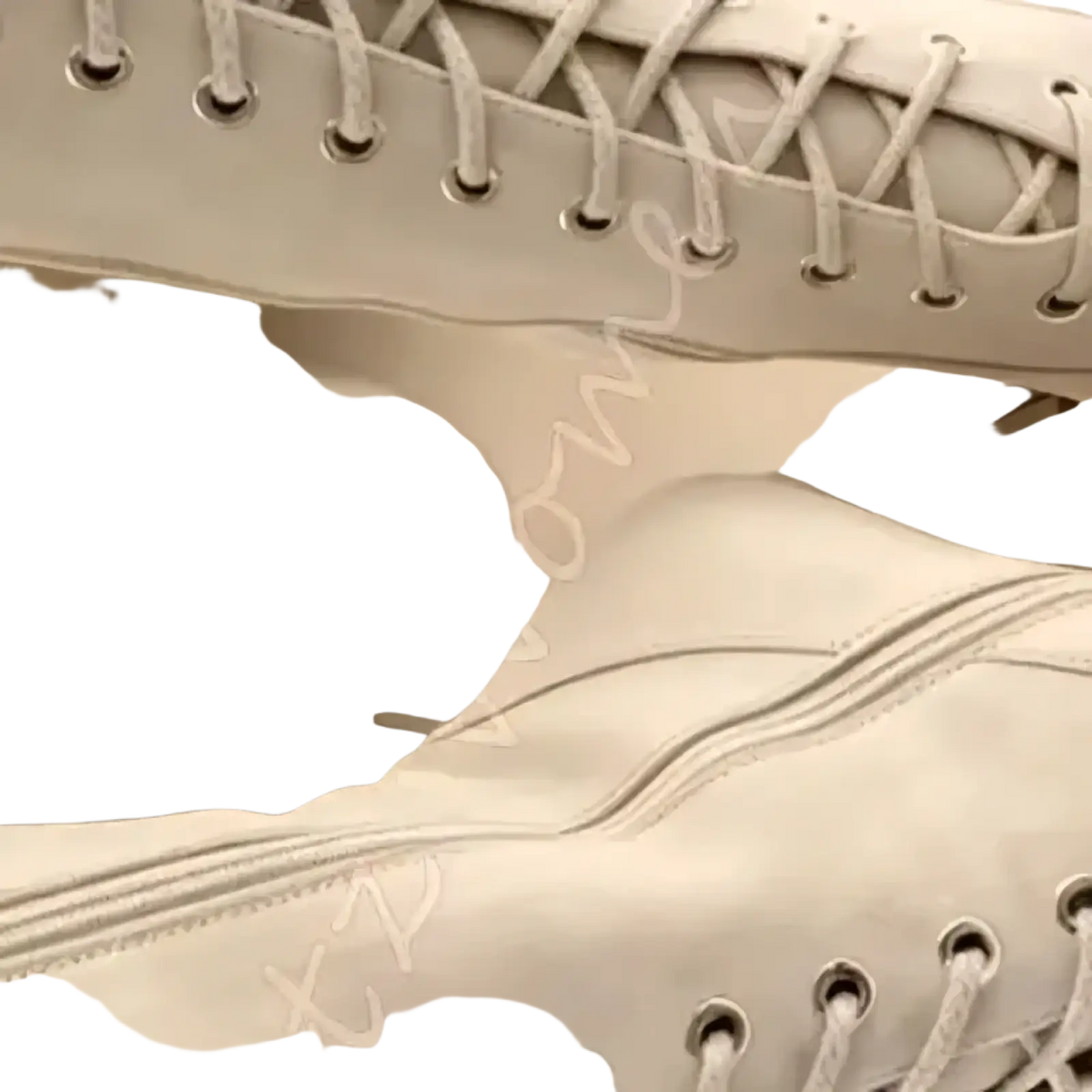 Cream-colored pointed toe suede stiletto ankle boots for women with lace-up design and visible stitching details