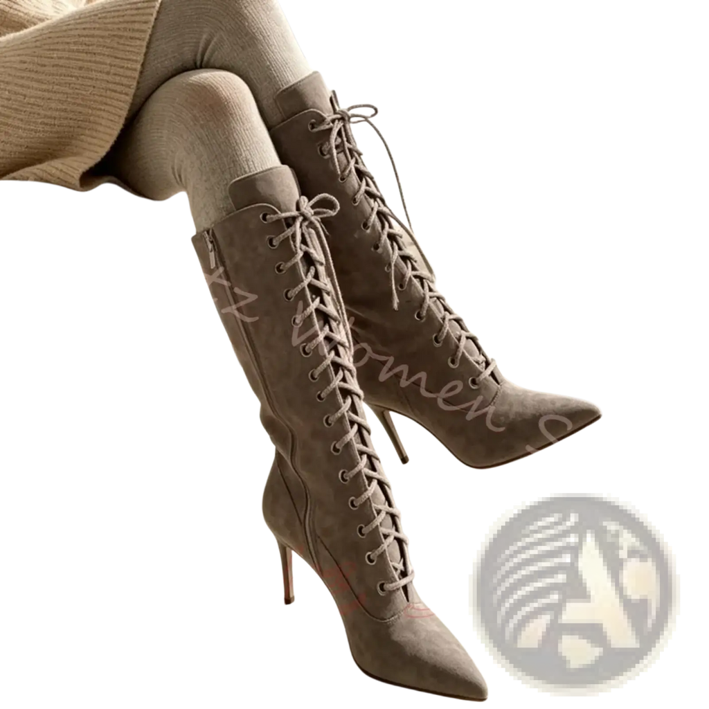 Gray suede knee-high boots with lace-up detailing and pointed toe in a pointed toe suede stiletto ankle boots collection