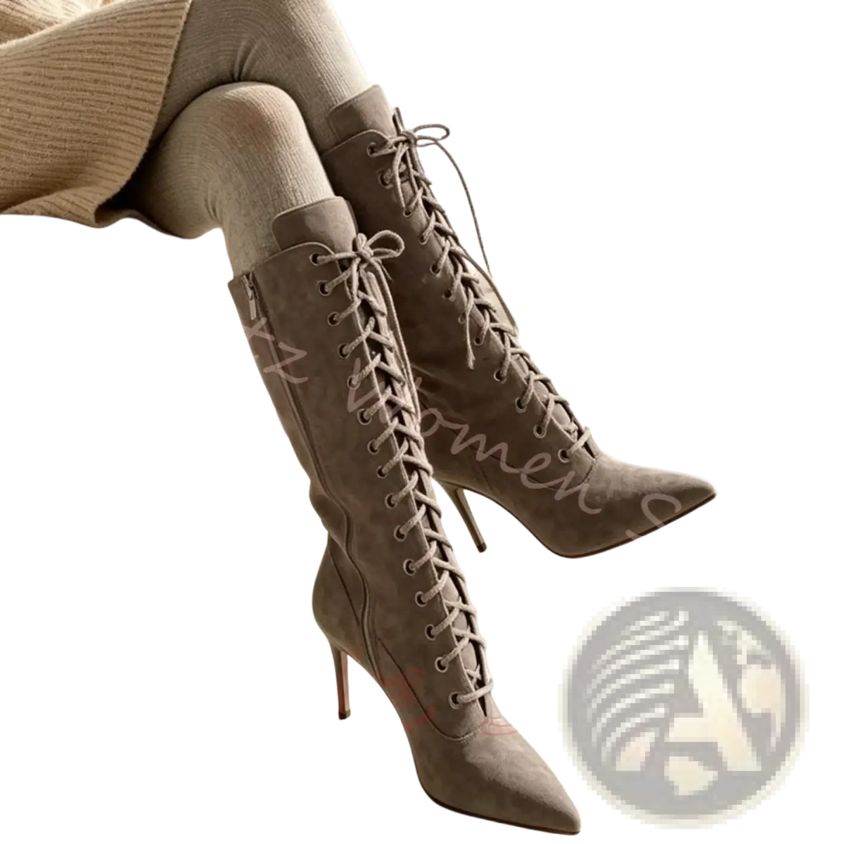 Gray suede knee-high boots with lace-up detailing and pointed toe in a pointed toe suede stiletto ankle boots collection