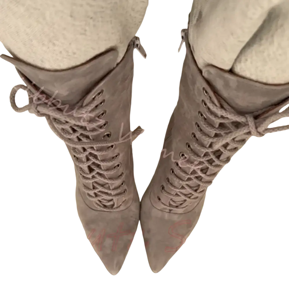Gray suede lace-up knee-high boots with pointed toe and zipper closure for women