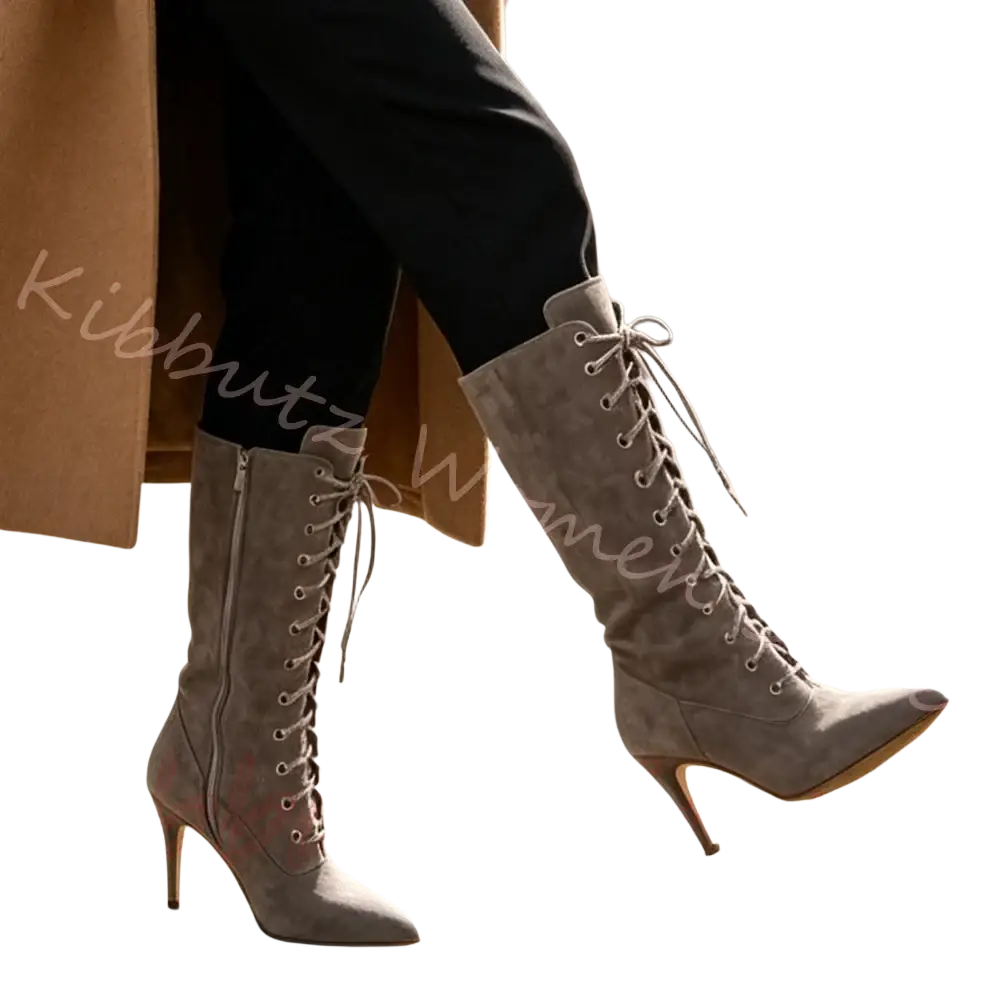 Gray suede lace-up knee-high boots with pointed toe and slender high heel for stylish women’s wear