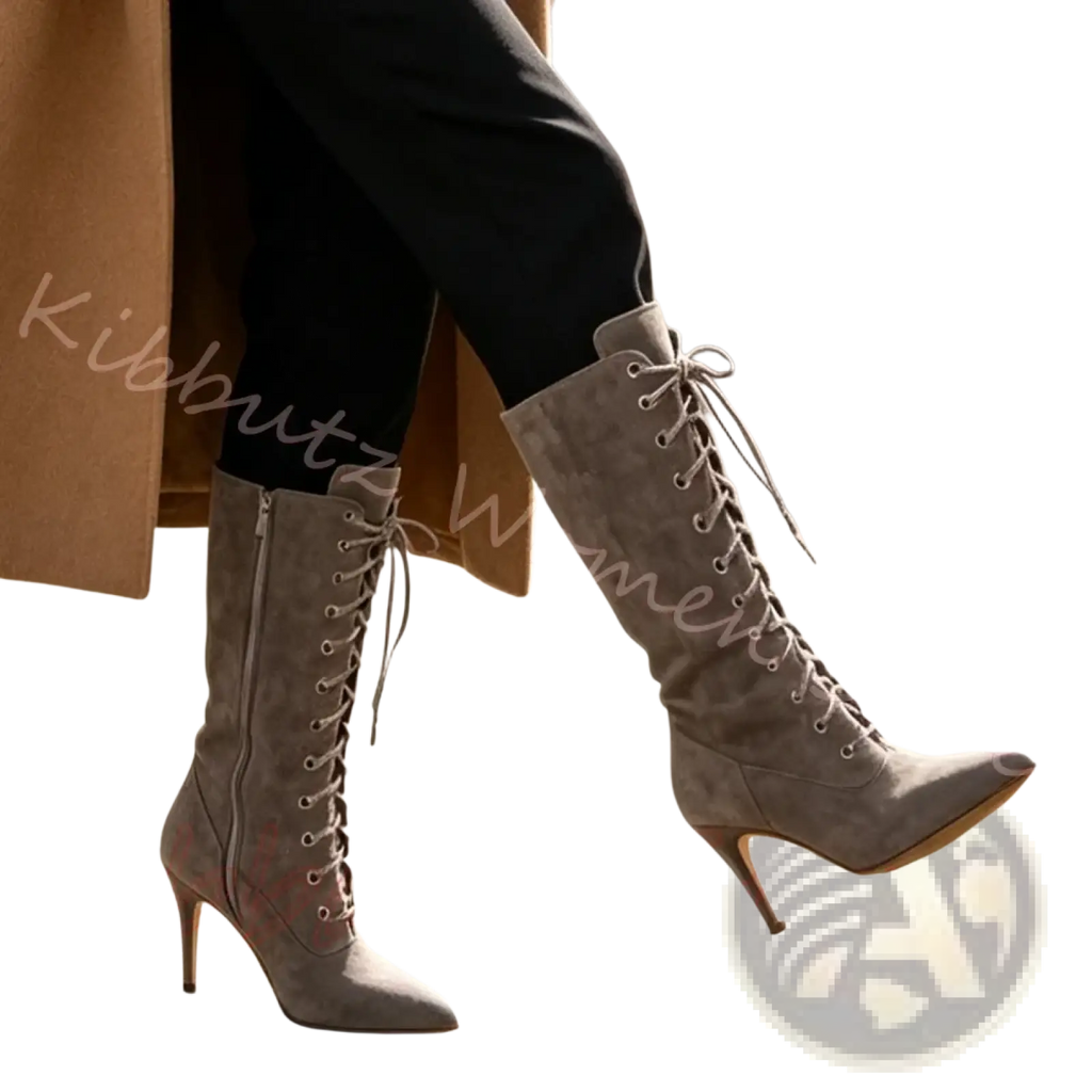 Gray suede lace-up knee-high boots with pointed toe and slender high heel for stylish women’s wear