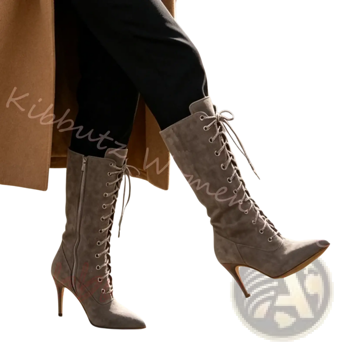 Gray suede lace-up knee-high boots with pointed toe and slender high heel for stylish women’s wear