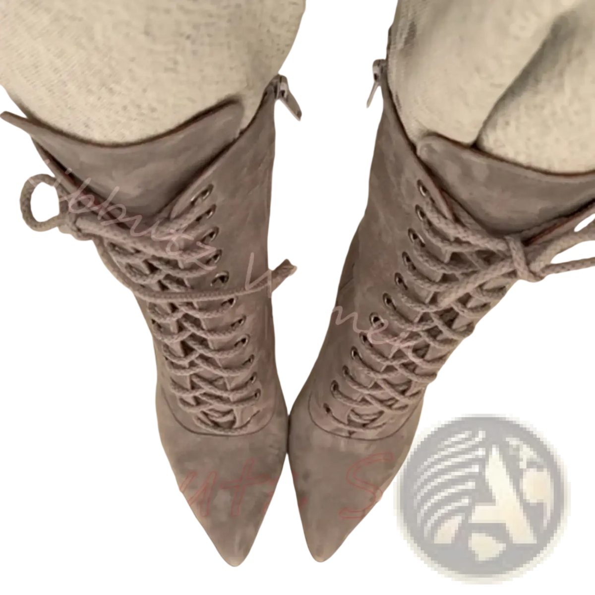 Gray suede lace-up knee-high boots with pointed toe and zipper closure for women