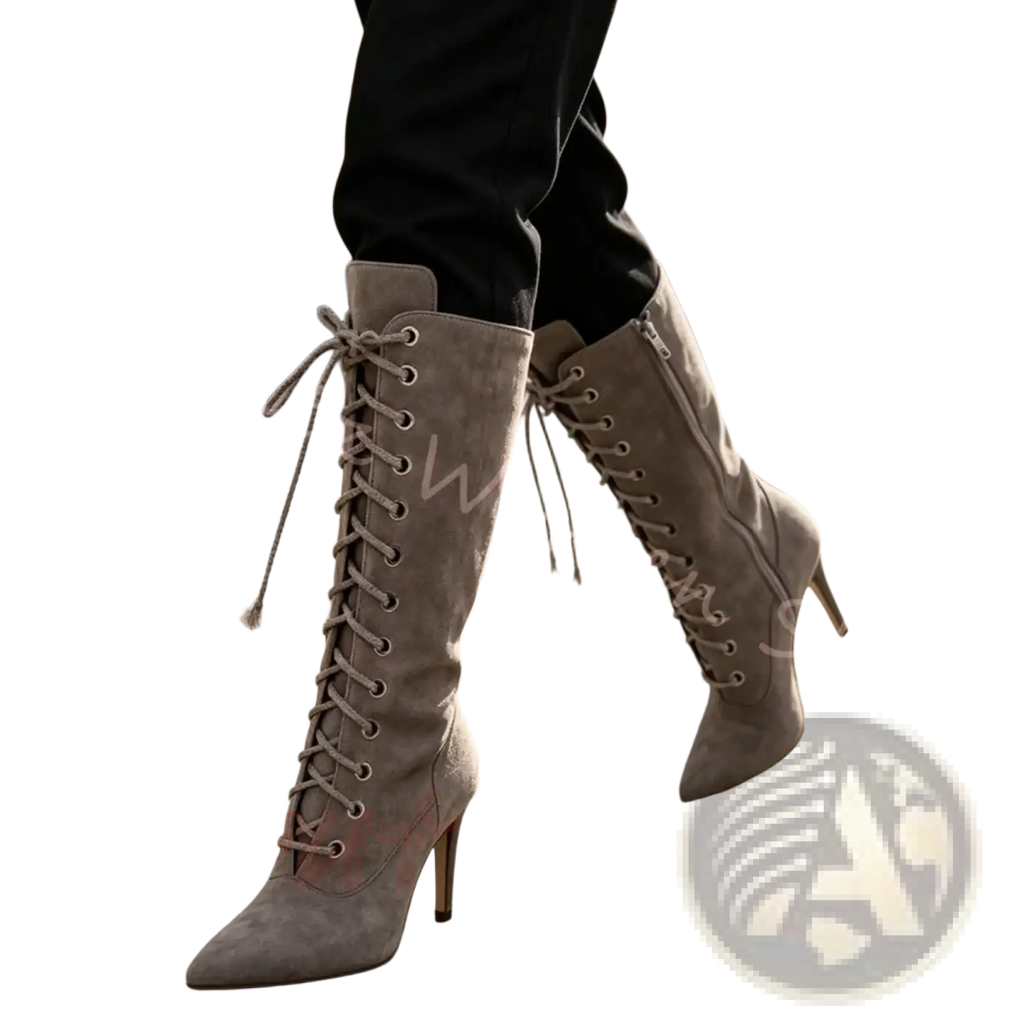 Sleek taupe suede knee-high boots with lace-up fronts and slender high heels featured in pointed toe suede stiletto ankle boots women