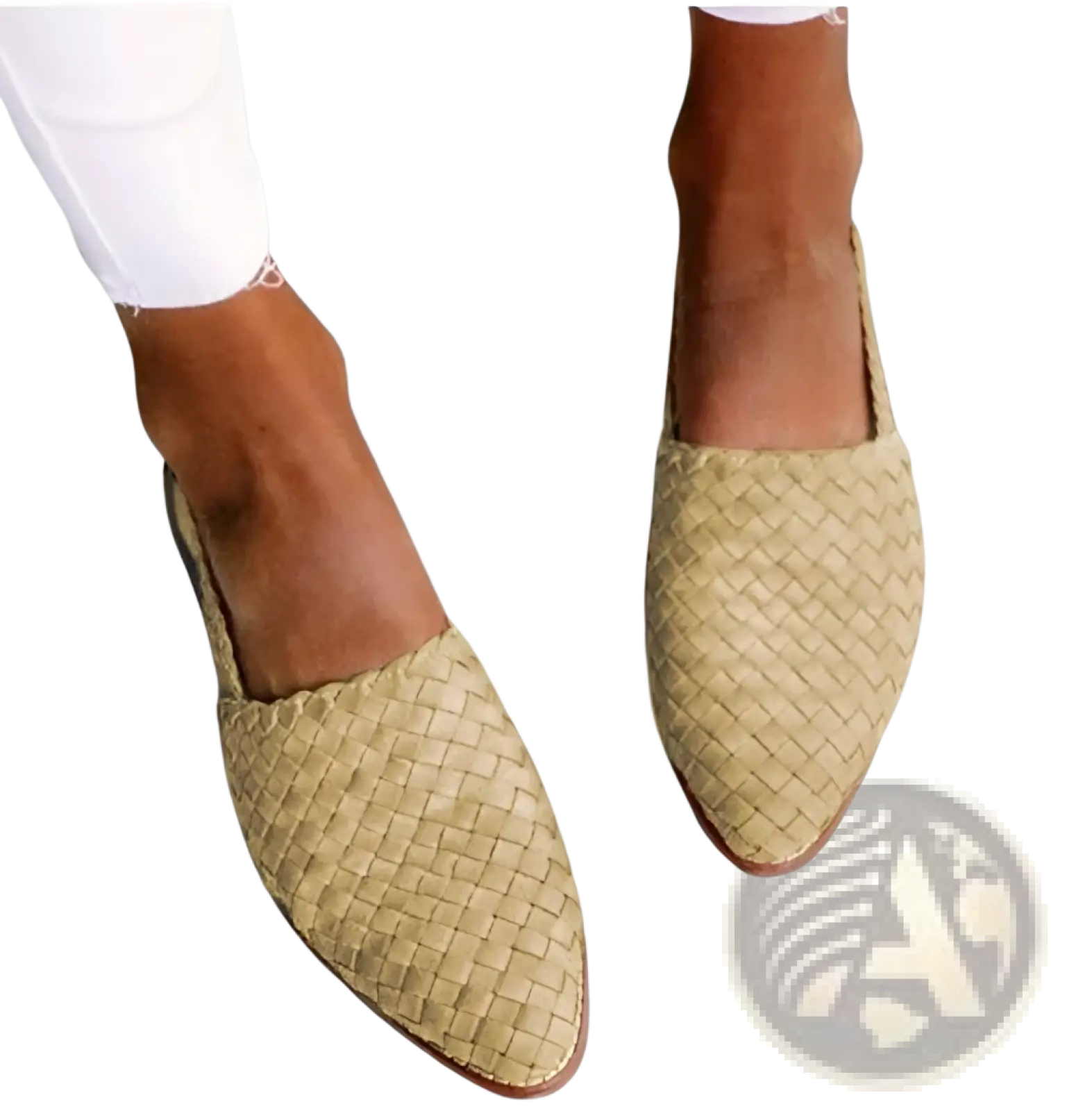 Beige woven pointed toe flat mule sandals with buckle detail and brown soles for casual wear