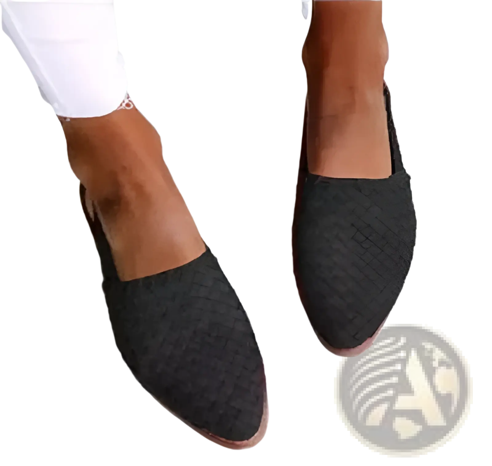 Black woven pointed toe slip-on loafers with textured pattern and light brown soles for stylish flat wear