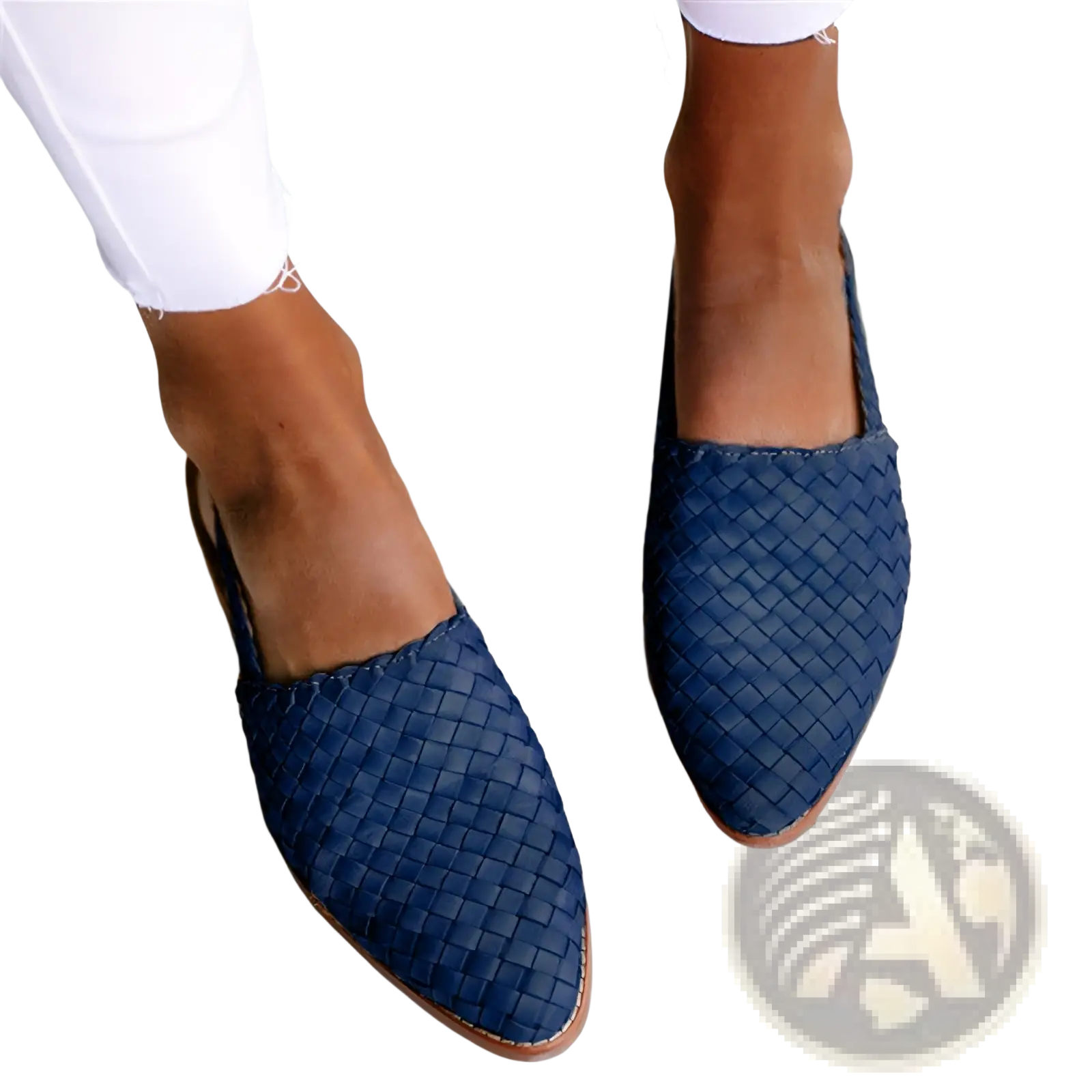 Navy blue woven leather pointed toe mule sandals with light brown sole and buckle detail for casual wear