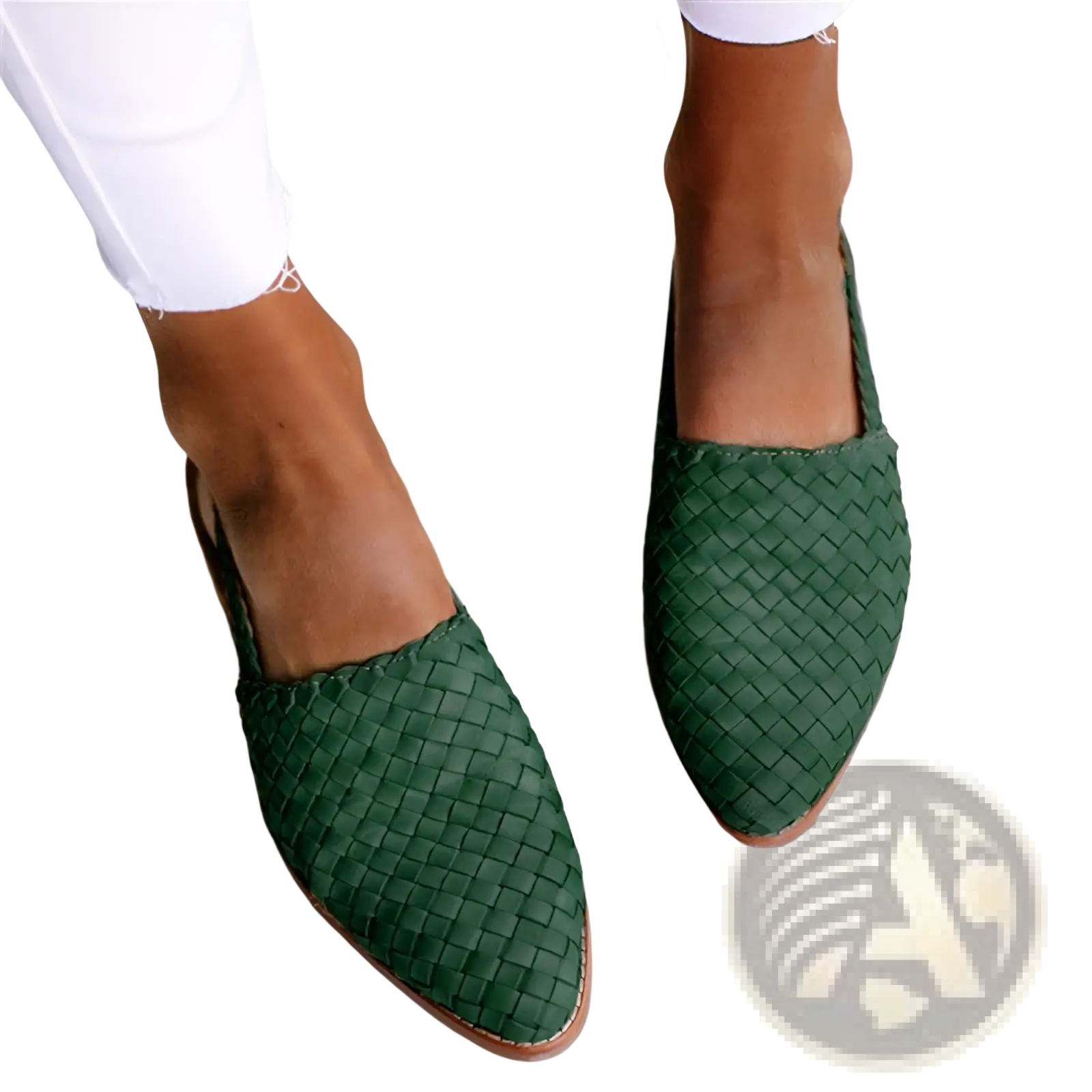 Green woven leather pointed toe flat mule sandals with light brown sole and buckle detail