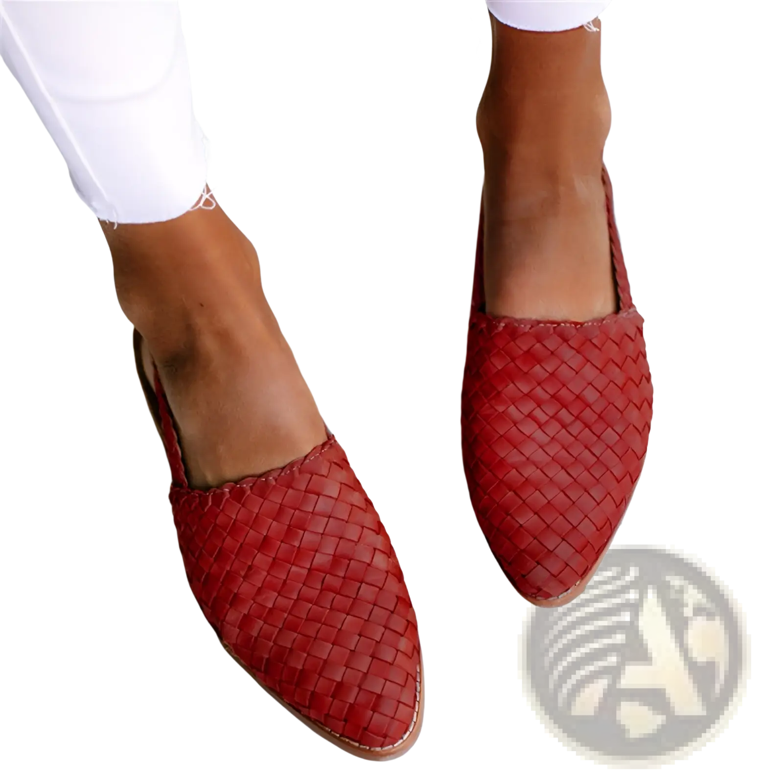 Red woven leather pointed toe mule sandals with light brown sole featuring a buckle flat design