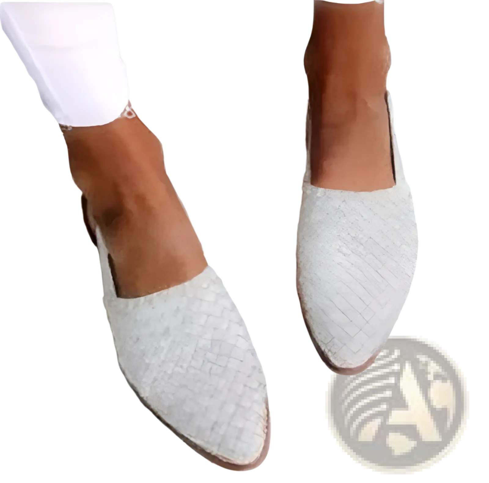 Light gray woven pointed toe mule sandals with brown sole featuring a buckle flat design
