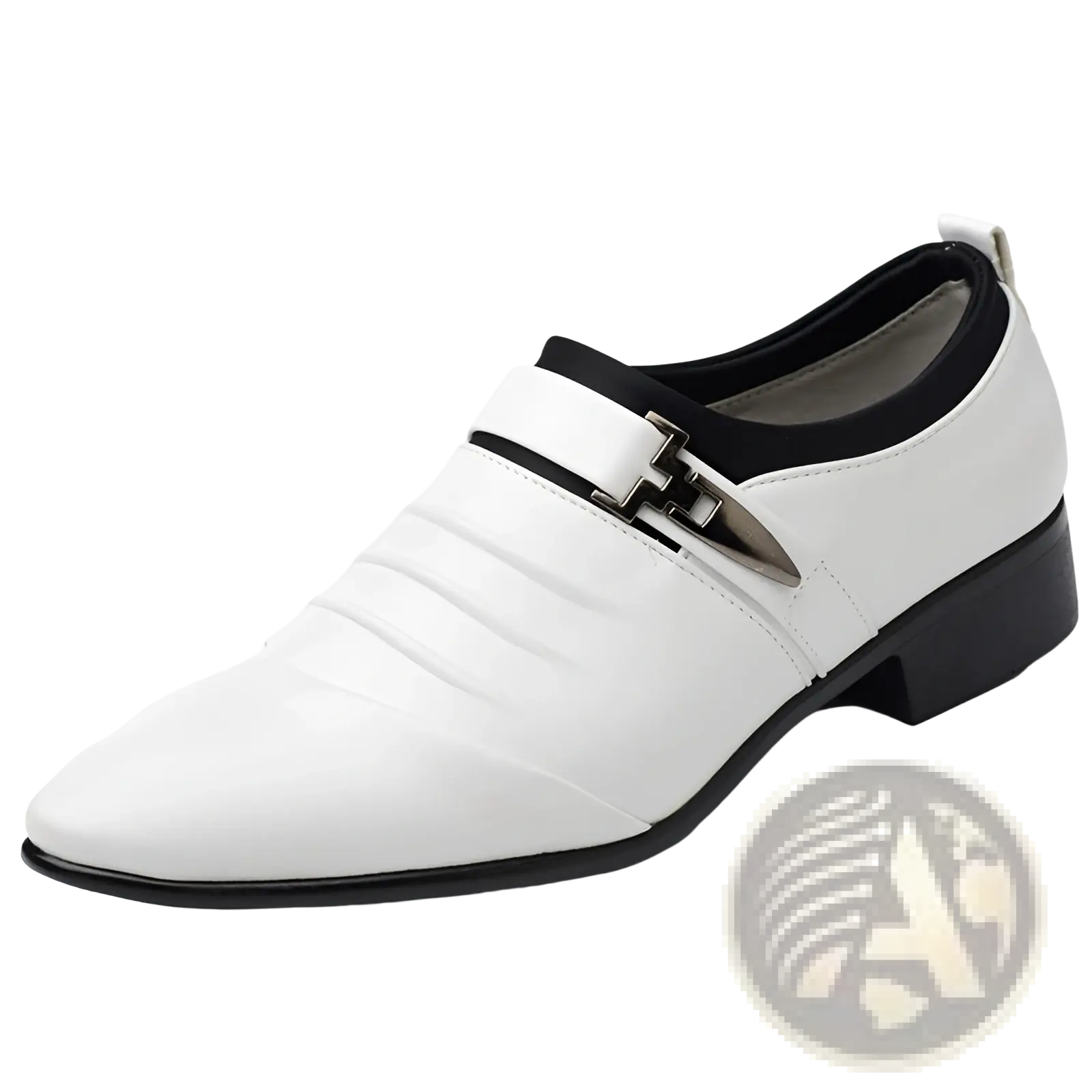 Pointed white leather formal shoe with black accents and a silver-toned buckle for elegant occasions