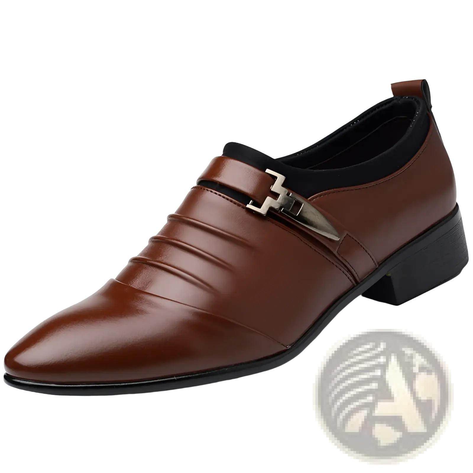 Brown leather pointed toe formal shoe with black sole and silver buckle strap across the vamp