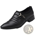 Black leather slip-on men’s dress shoe with silver-toned buckle accent for formal occasions
