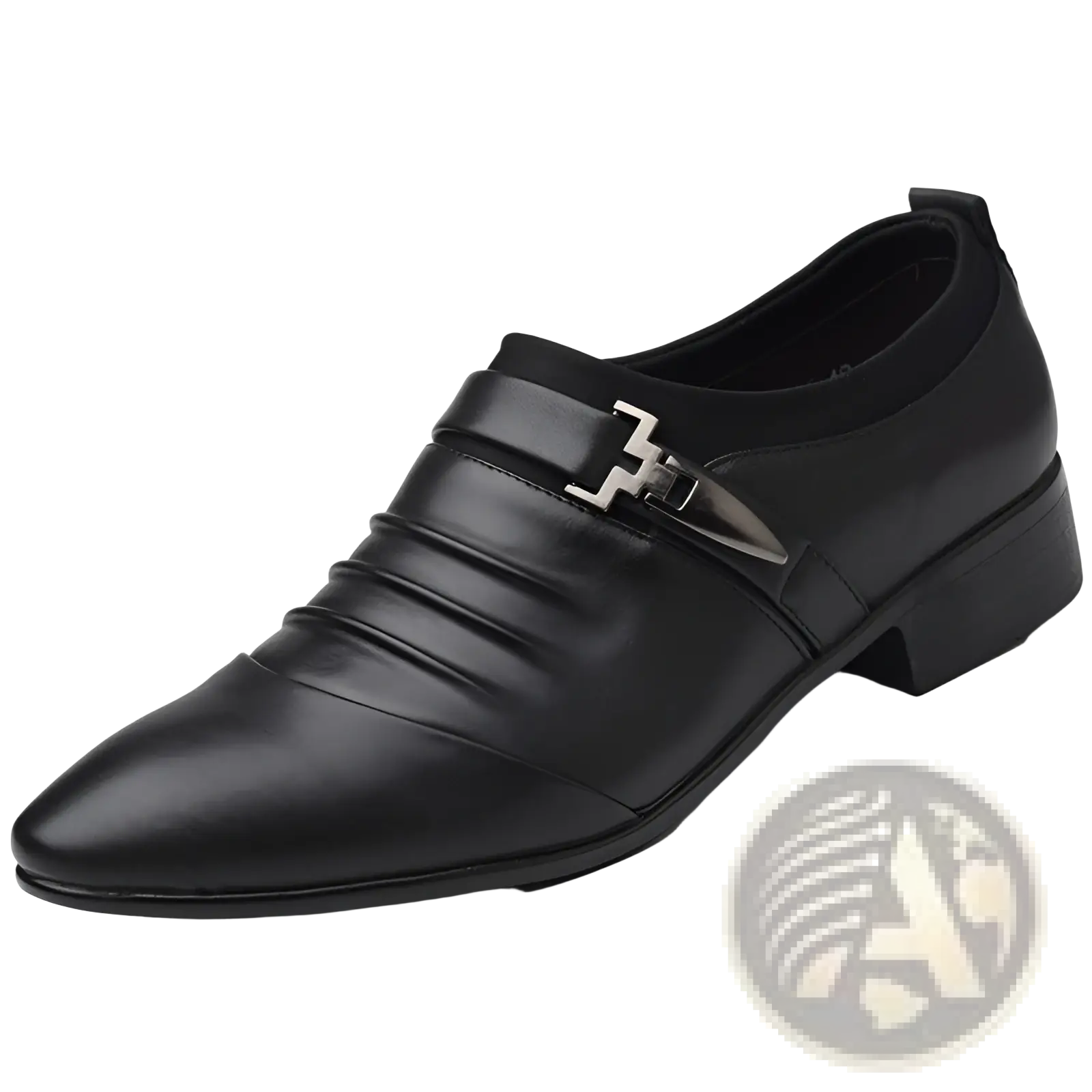 Black leather slip-on men’s dress shoe with silver-toned buckle accent for formal occasions